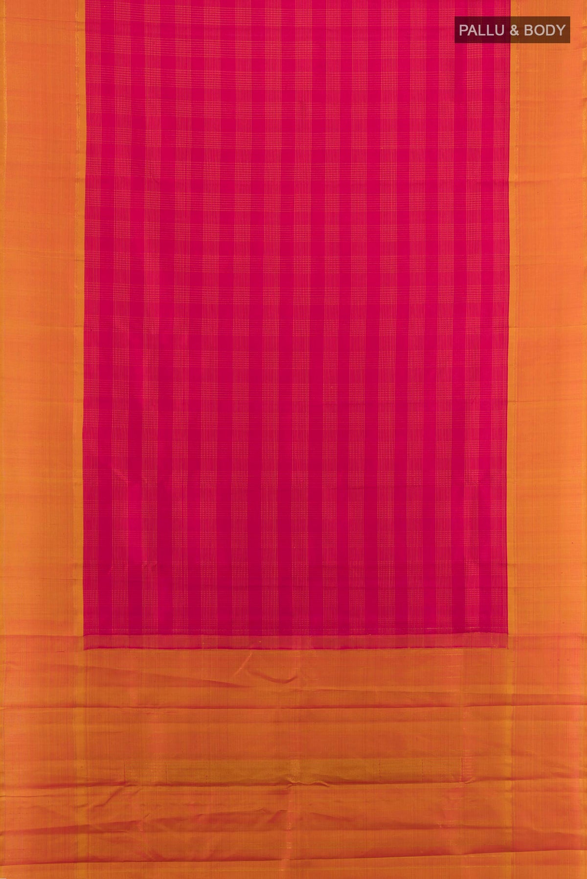 Flat view of Pure Silk Pure Zari Dark Pink Kanchipuram Saree with Zari Butta on the body and Silk Border. 