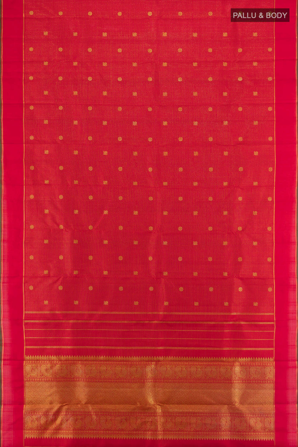 Flat view of Pure Silk Pure Zari Red Kanjivaram Saree with Checked design on the body and Plain Border. 