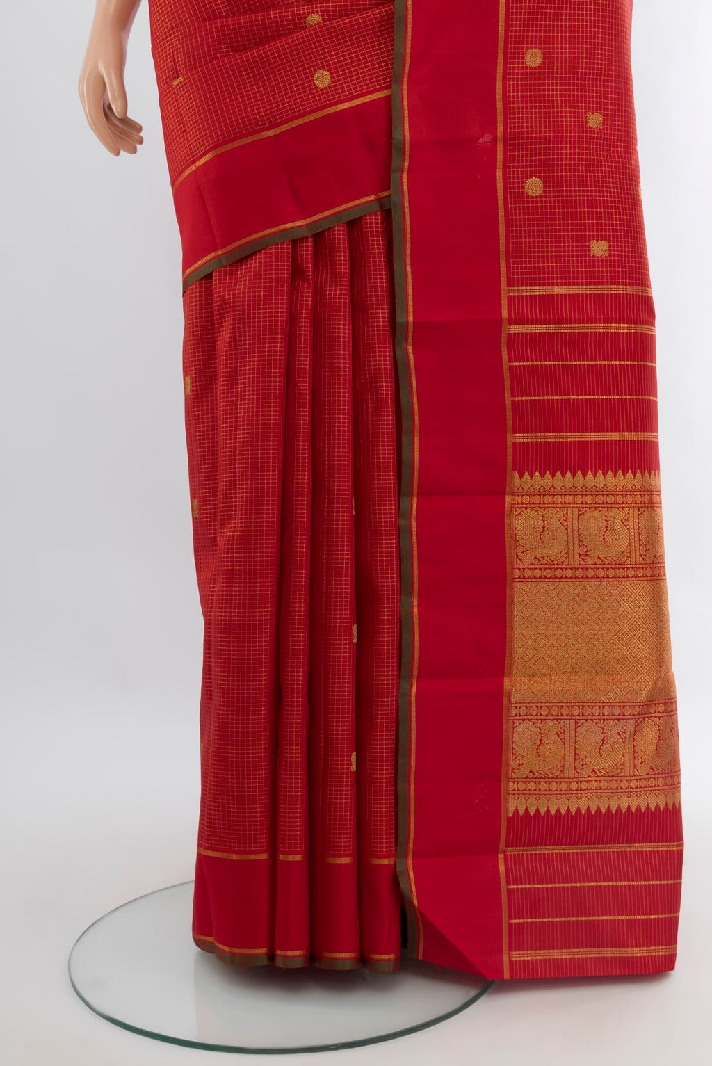Pleats and pallu of Pure Silk Pure Zari Red Kanjivaram Saree with Checked design on the body and Plain Border. 