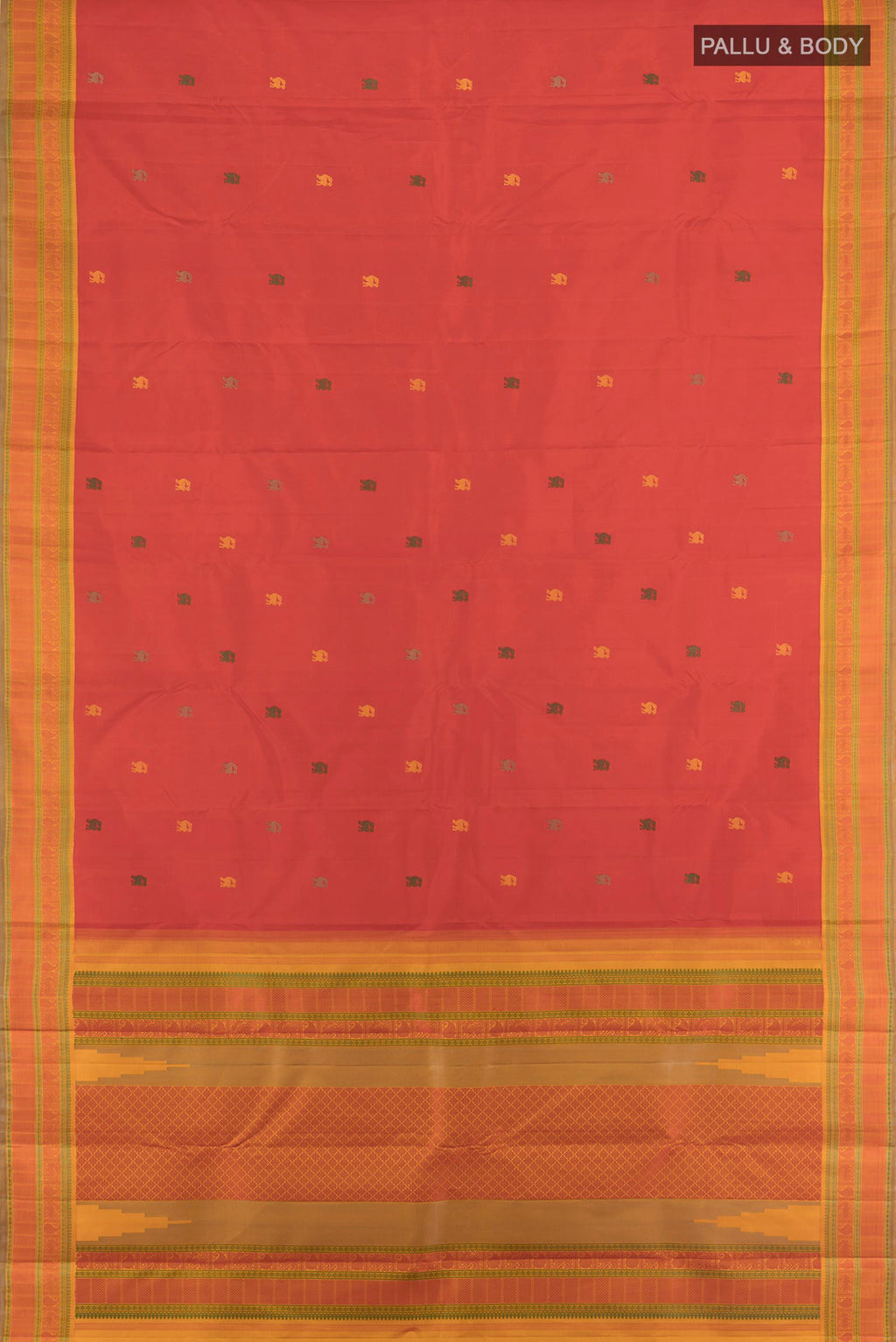 Flat view of Red Kanjivaram Silk Saree with Thread Butta on the body and Thread Border. 