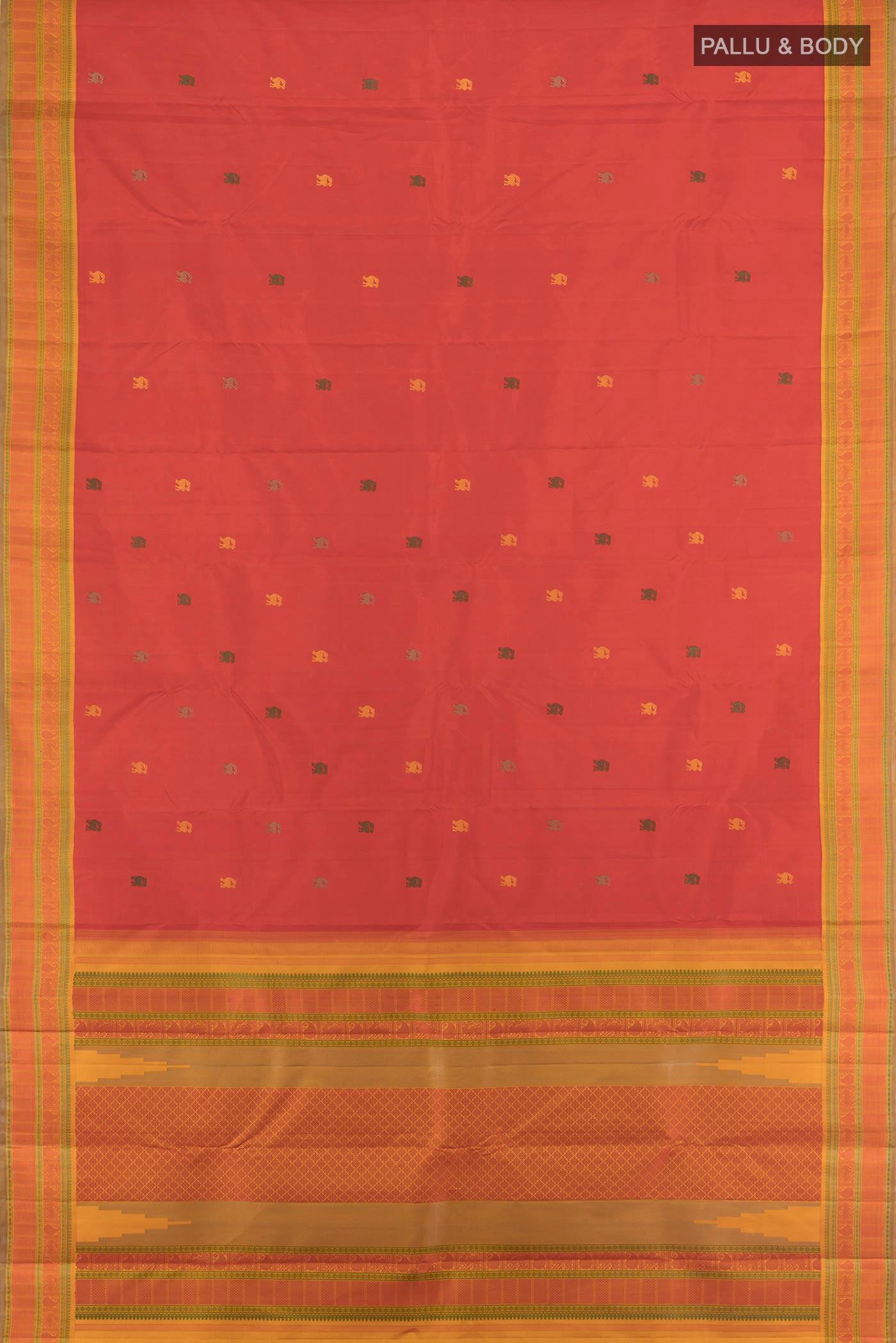 Flat view of Red Kanjivaram Silk Saree with Thread Butta on the body and Thread Border. 