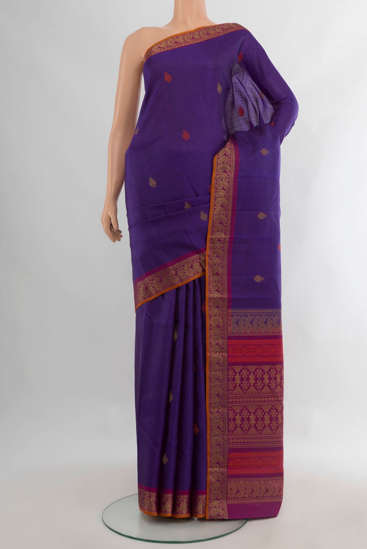 Pure Silk Violet Kanchipuram Saree with Thread Butta on the body and Thread Border.  displayed on a mannequin
