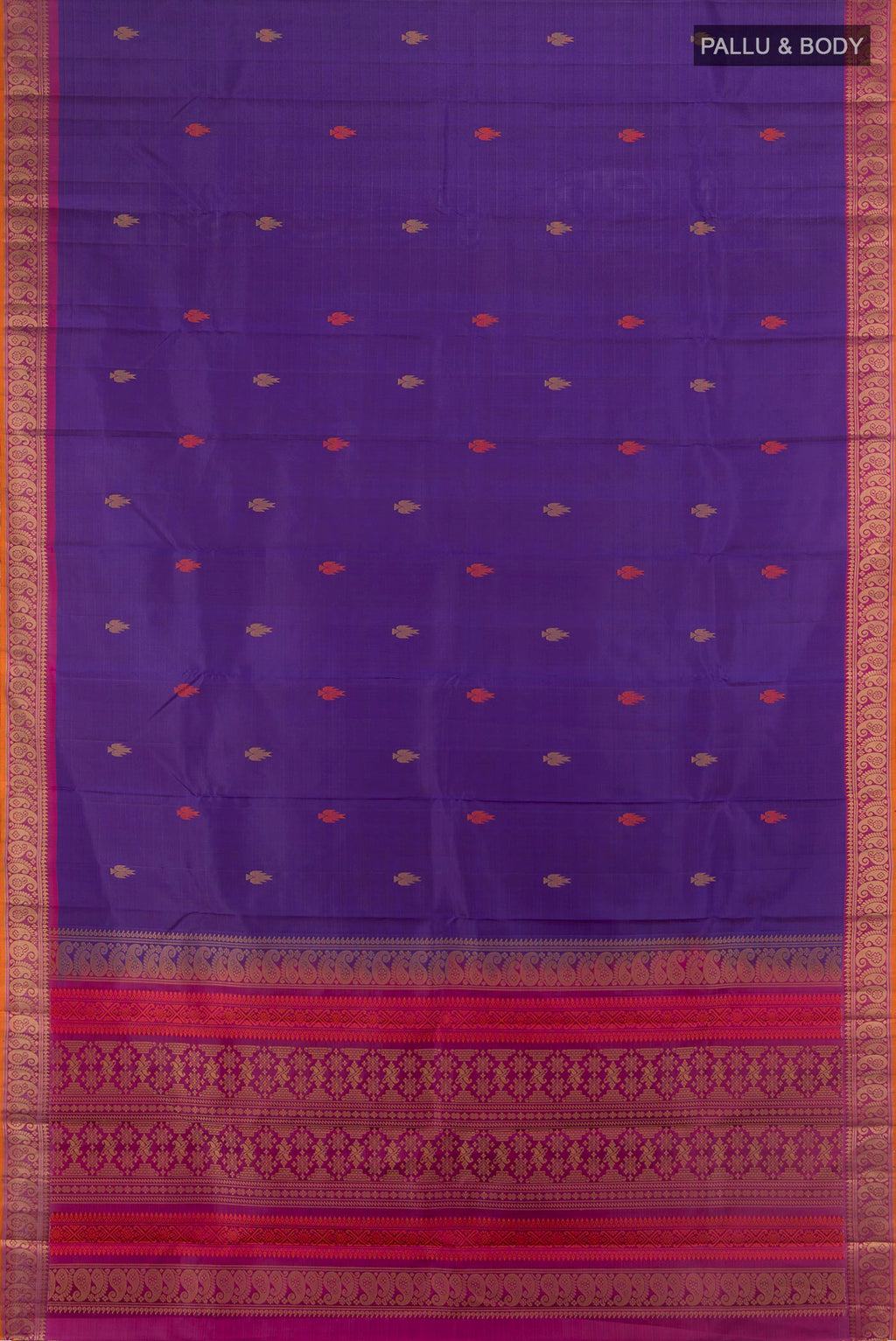 Flat view of Pure Silk Violet Kanchipuram Saree with Thread Butta on the body and Thread Border. 