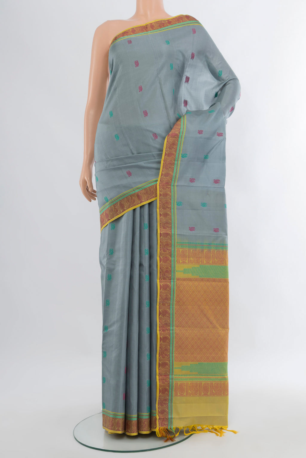 Davys Grey Kanchipuram Silk Saree with Thread Butta on the body and Thread Border.  displayed on a mannequin
