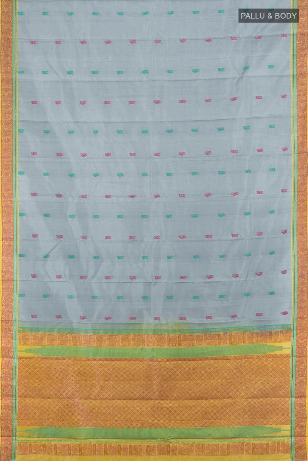 Flat view of Davys Grey Kanchipuram Silk Saree with Thread Butta on the body and Thread Border. 