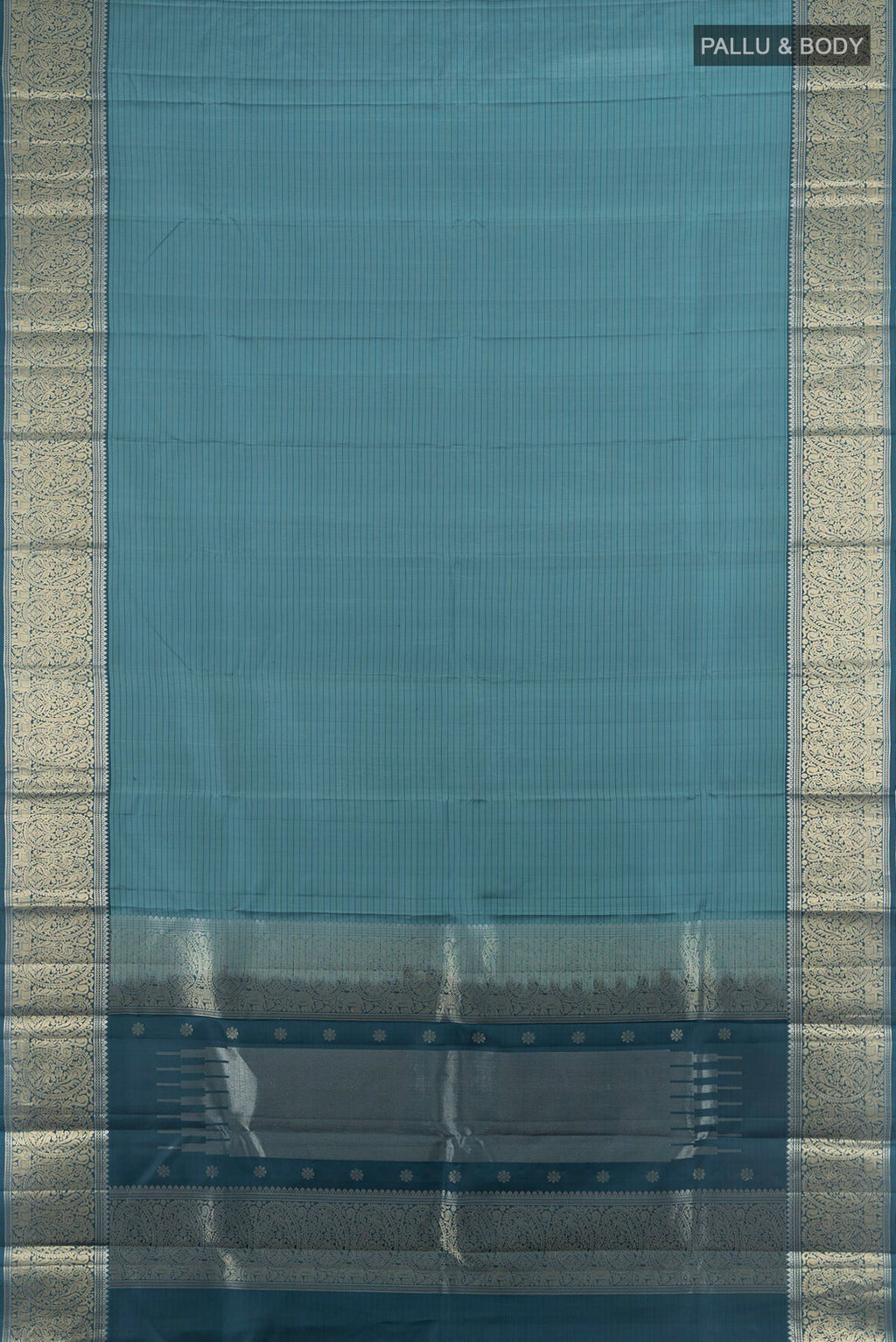 Flat view of Blue Grey Kanchipuram Silk Saree with Stripes on the body and Zari Border. 