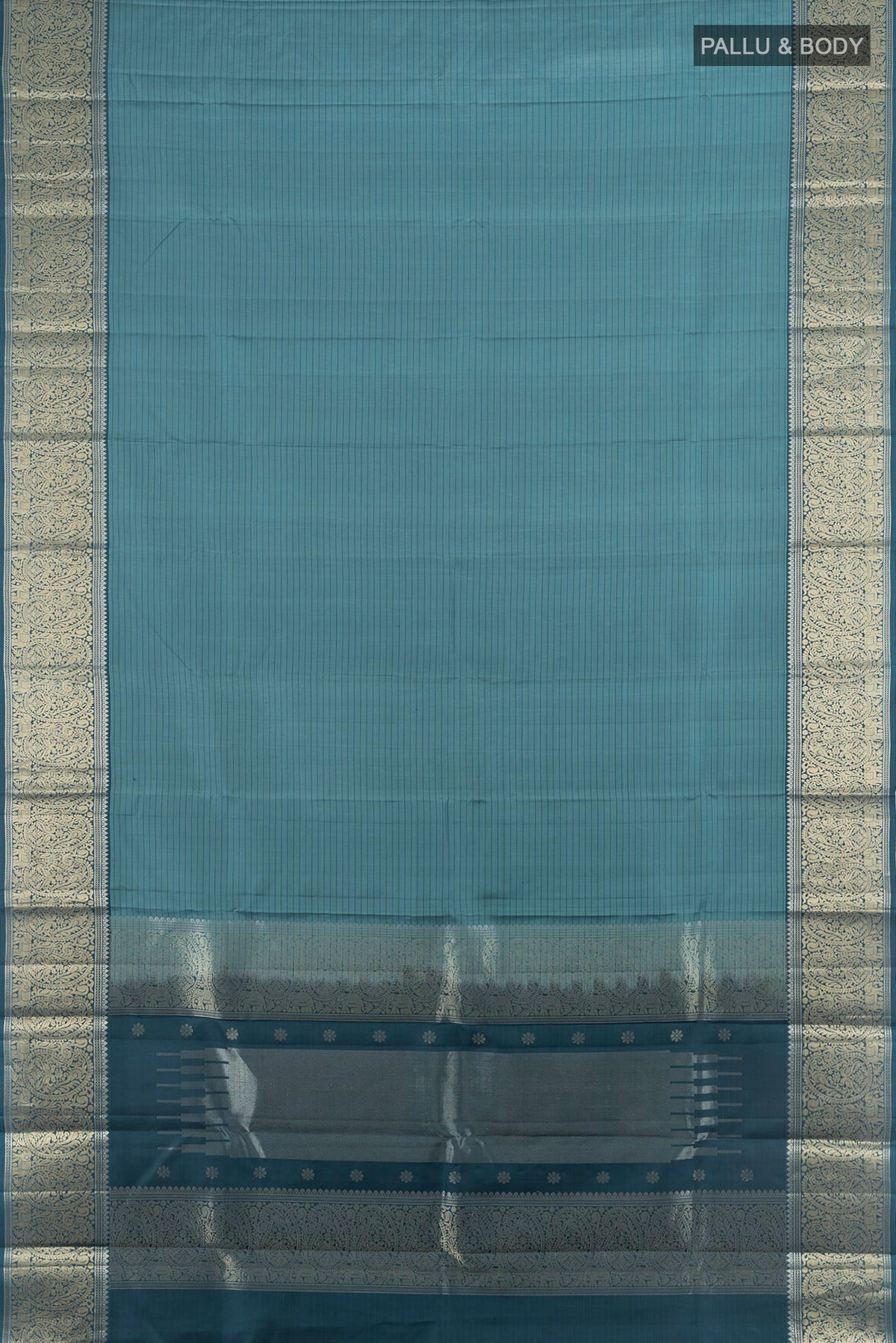 Flat view of Blue Grey Kanchipuram Silk Saree with Stripes on the body and Zari Border. 