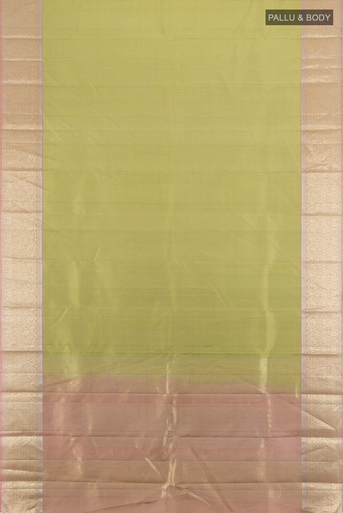 Flat view of Pure Silk Light Green Kanchipuram Saree with Stripes on the body and Zari Border. 