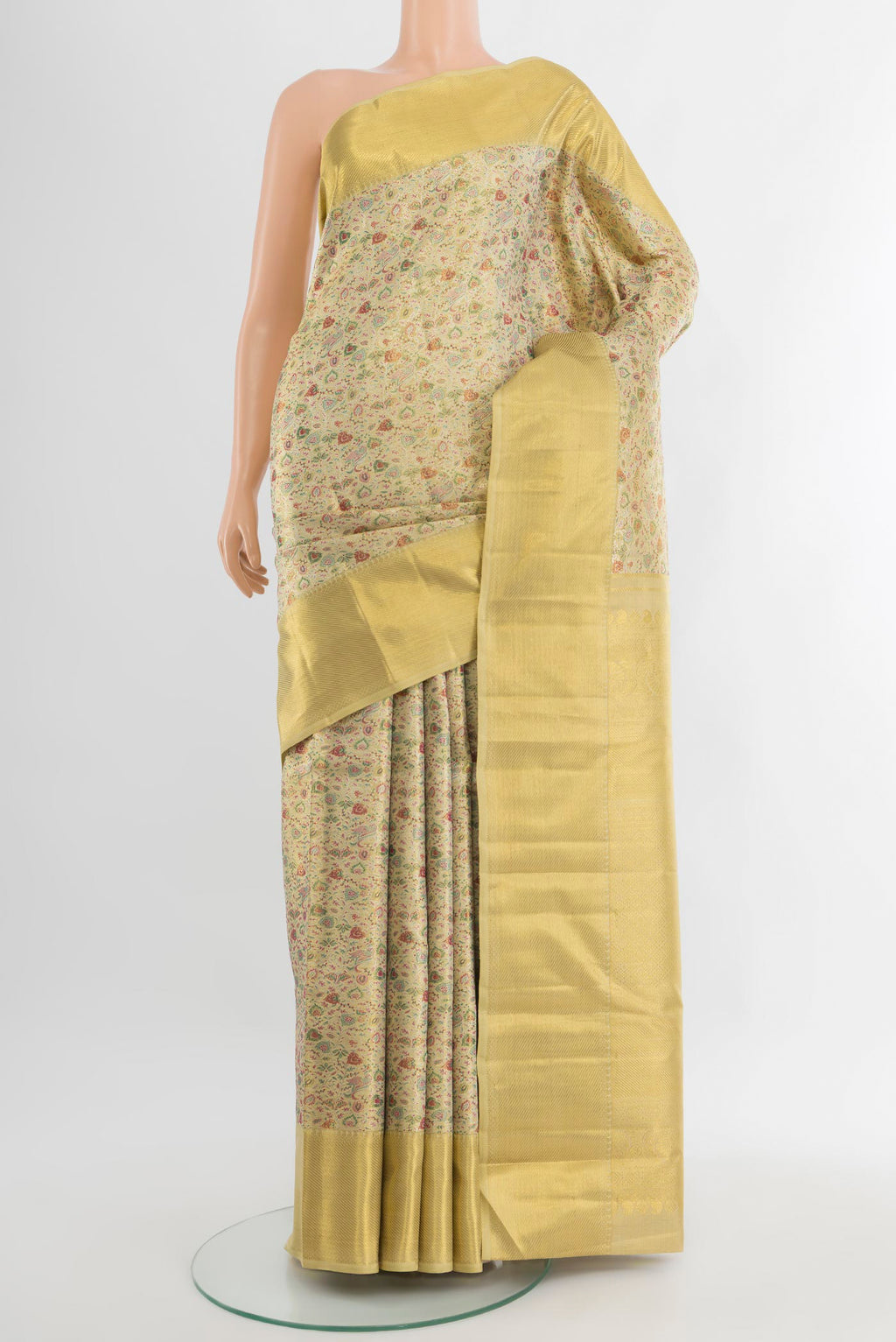 Pure Silk Pure Zari Golden Kanjivaram Tissue Saree with Zari Brocade on the body and Zari Border.  displayed on a mannequin