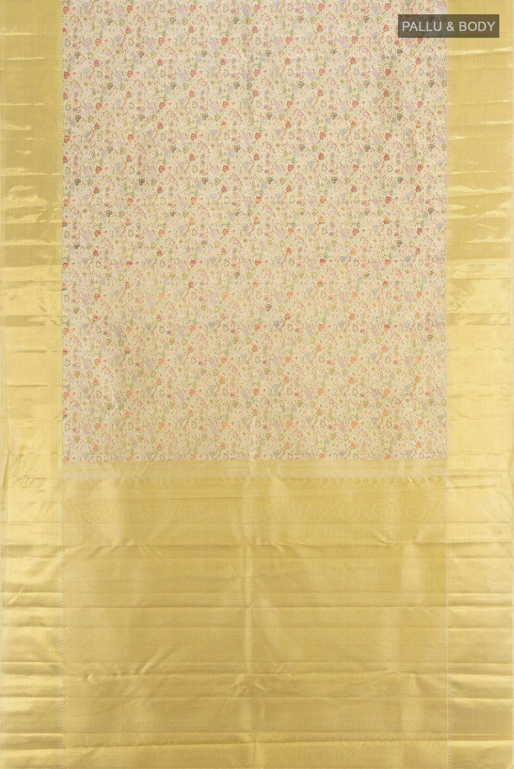 Flat view of Pure Silk Pure Zari Golden Kanjivaram Tissue Saree with Zari Brocade on the body and Zari Border. 