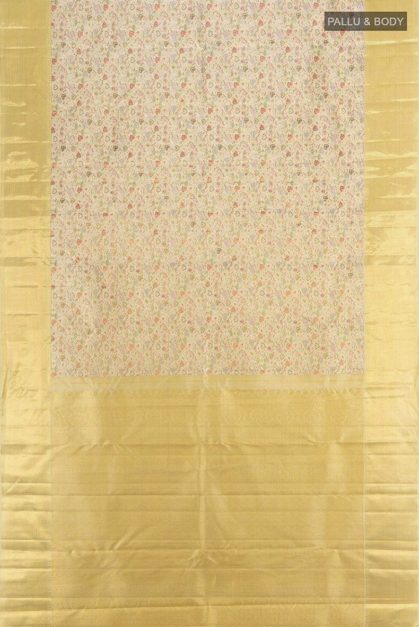 Flat view of Pure Silk Pure Zari Golden Kanjivaram Tissue Saree with Zari Brocade on the body and Zari Border. 
