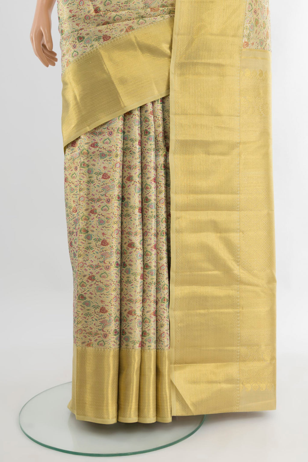 Pleats and pallu of Pure Silk Pure Zari Golden Kanjivaram Tissue Saree with Zari Brocade on the body and Zari Border. 