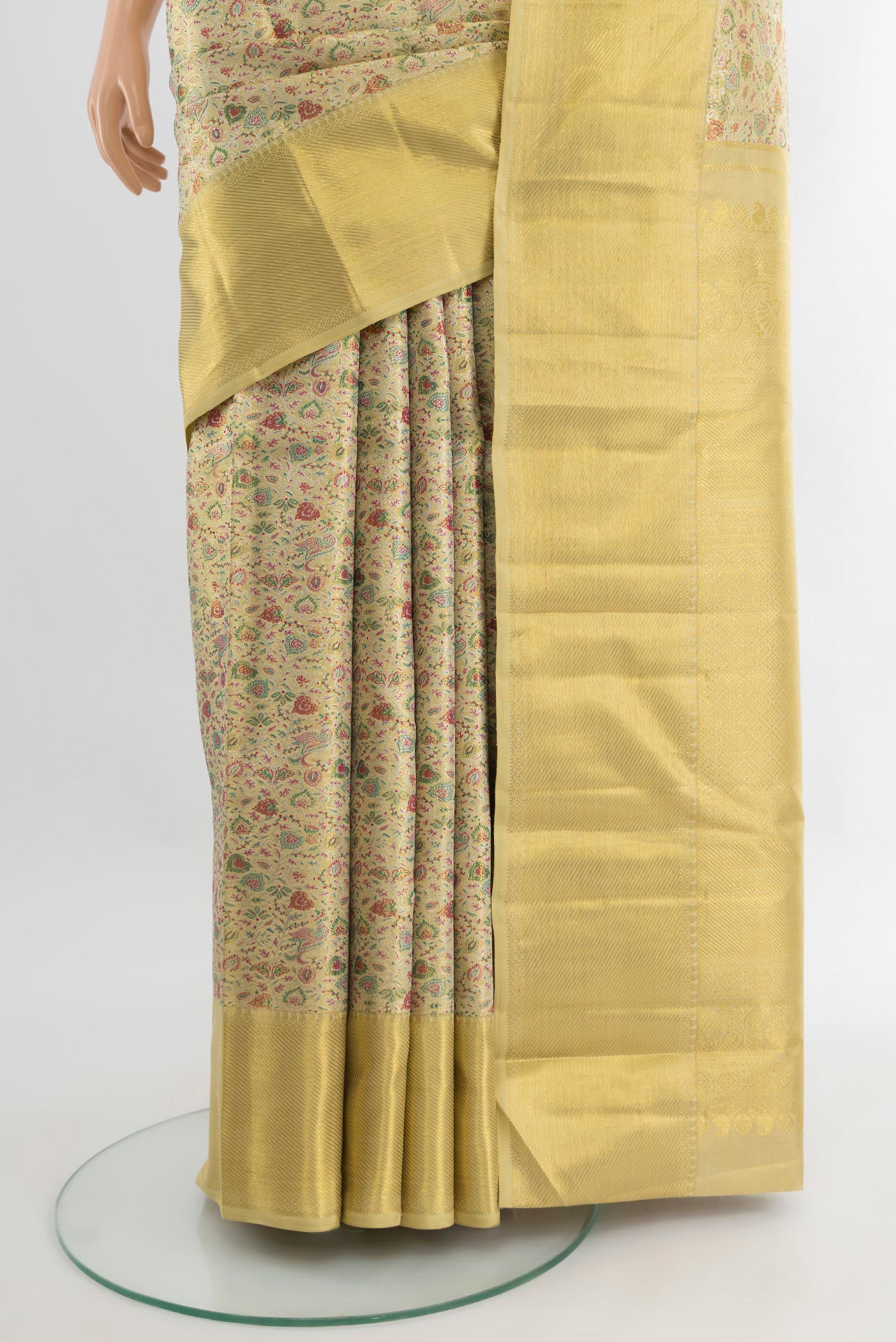 Pleats and pallu of Pure Silk Pure Zari Golden Kanjivaram Tissue Saree with Zari Brocade on the body and Zari Border. 