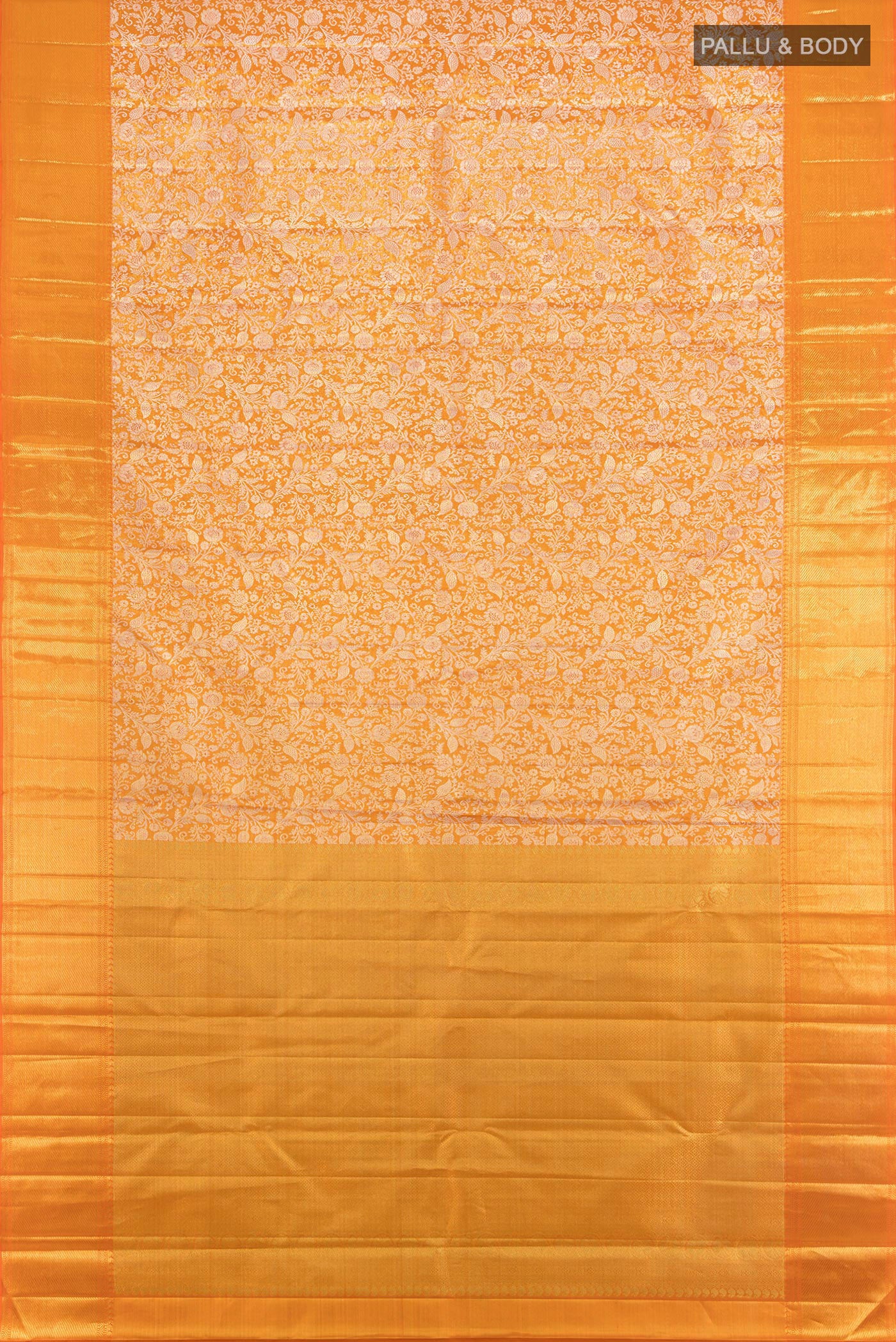 Flat view of Pure Silk Pure Zari Golden Kanjivaram Tissue Saree with Zari Brocade on the body and Zari Border. 
