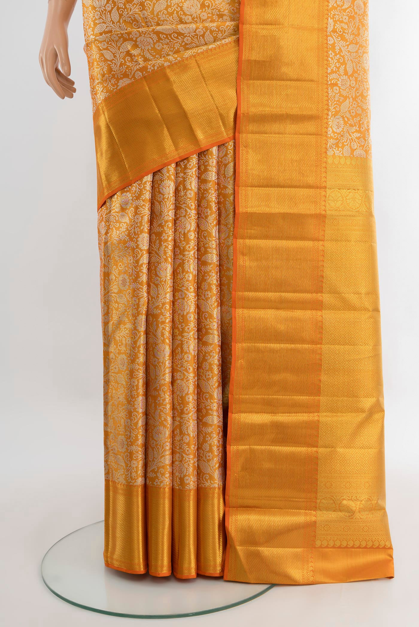 Pleats and pallu of Pure Silk Pure Zari Golden Kanjivaram Tissue Saree with Zari Brocade on the body and Zari Border. 