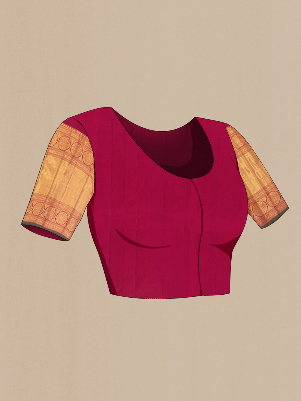 Close up image of the blouse of Pure Silk Pure Zari Maroon Kanjivaram Saree with Zari Brocade on the body and Zari Border. 