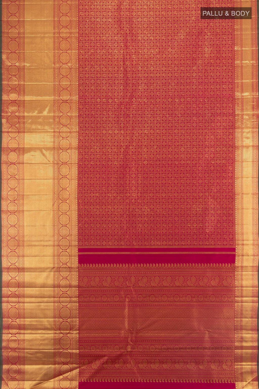 Flat view of Pure Silk Pure Zari Maroon Kanjivaram Saree with Zari Brocade on the body and Zari Border. 