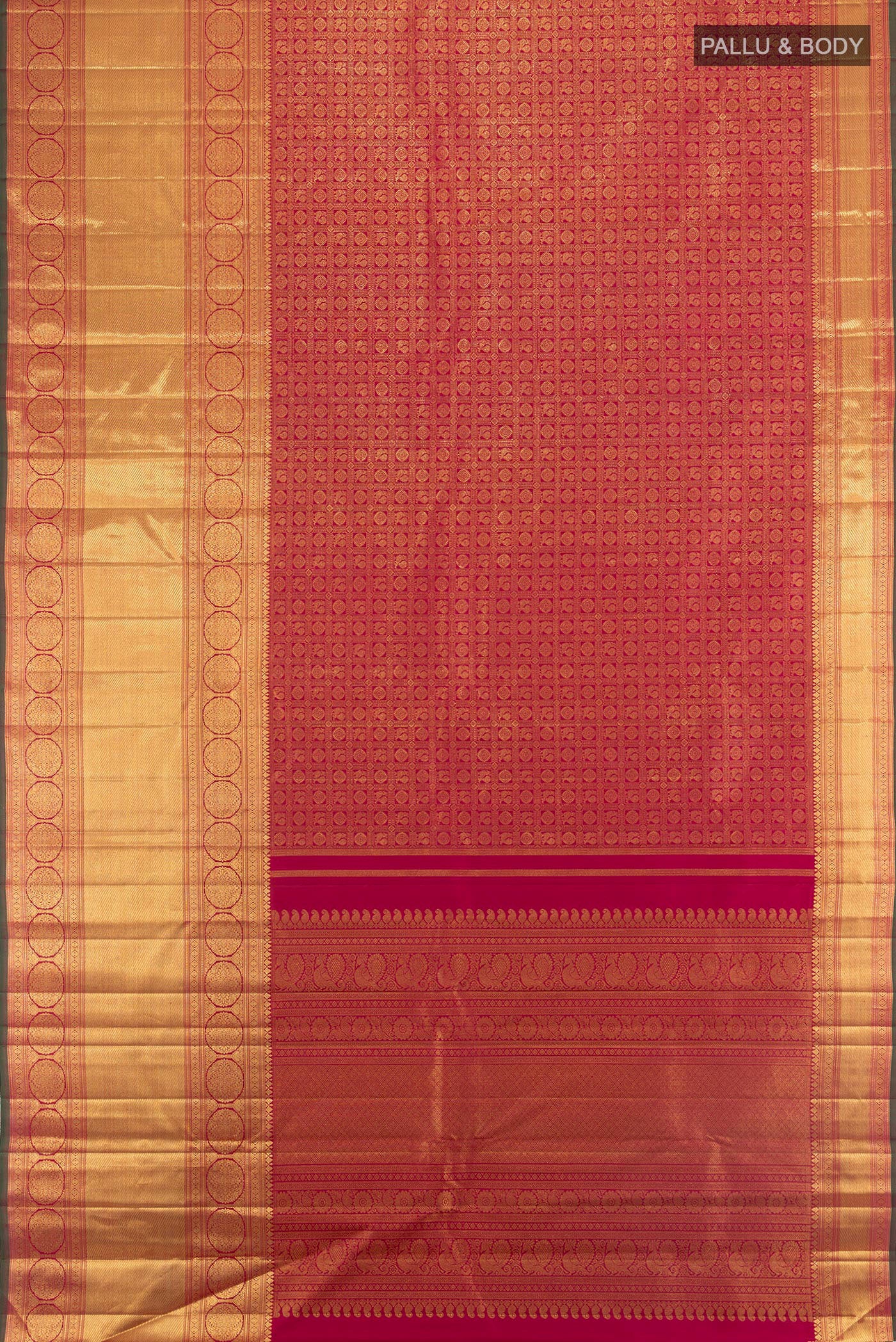 Flat view of Pure Silk Pure Zari Maroon Kanjivaram Saree with Zari Brocade on the body and Zari Border. 