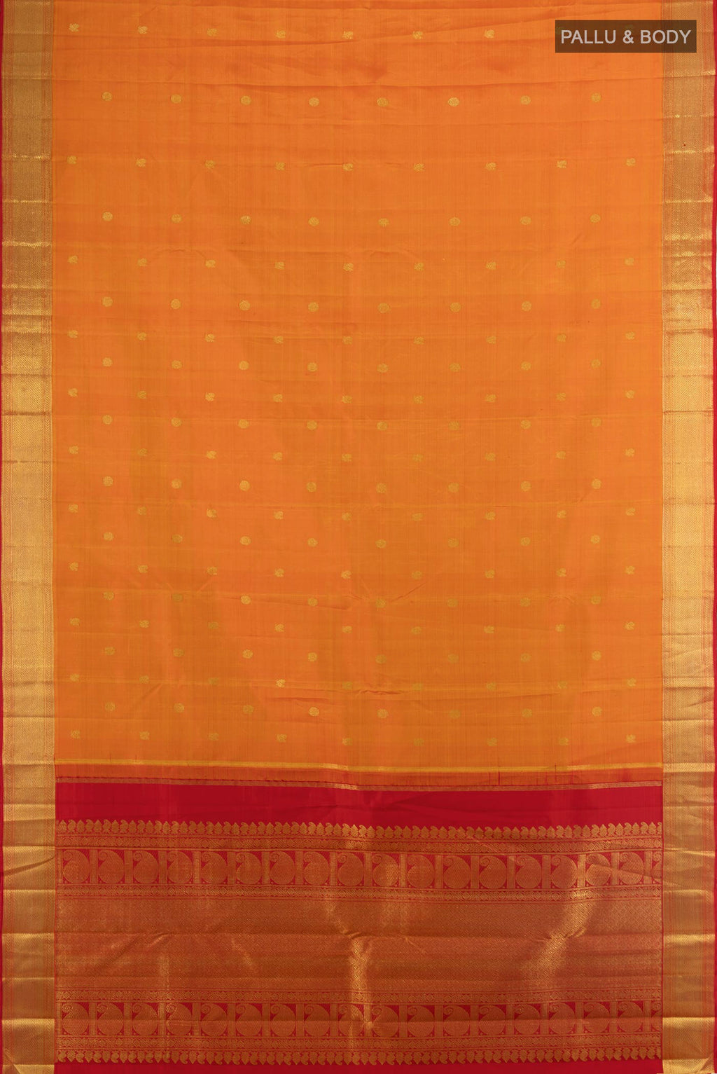 Flat view of Pure Silk Pure Zari Mustard Kanjivaram Saree with Zari Butta on the body and Zari Border. 