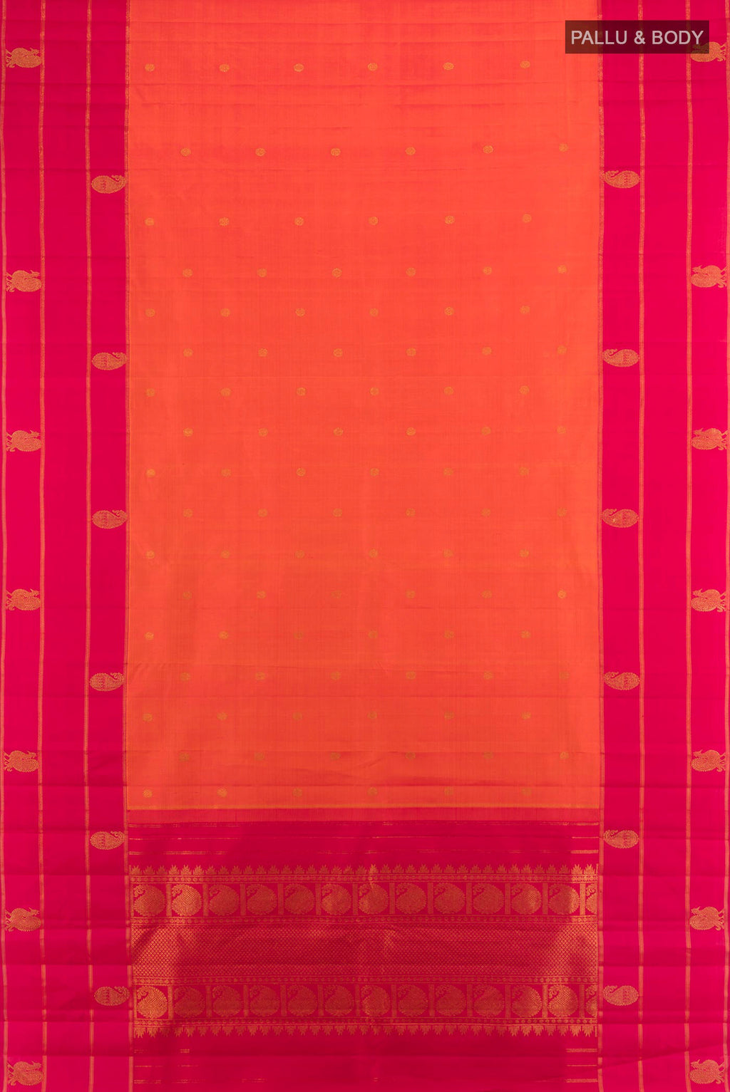 Flat view of Pure Silk Pure Zari Orange Kanchipuram Saree with Zari Butta on the body and Plain Border. 
