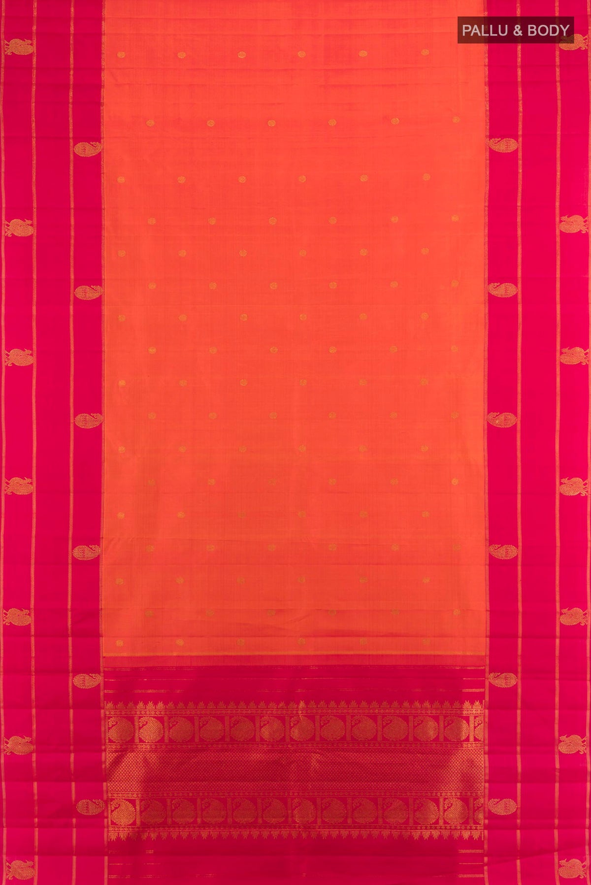 Flat view of Pure Silk Pure Zari Orange Kanchipuram Saree with Zari Butta on the body and Plain Border. 