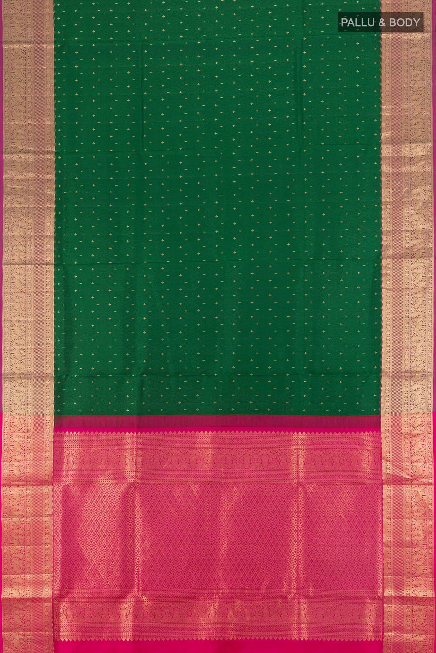 Flat view of Bottle Green Soft Silk Saree with Jacquard With Zari Butta on the body and Zari Border. 