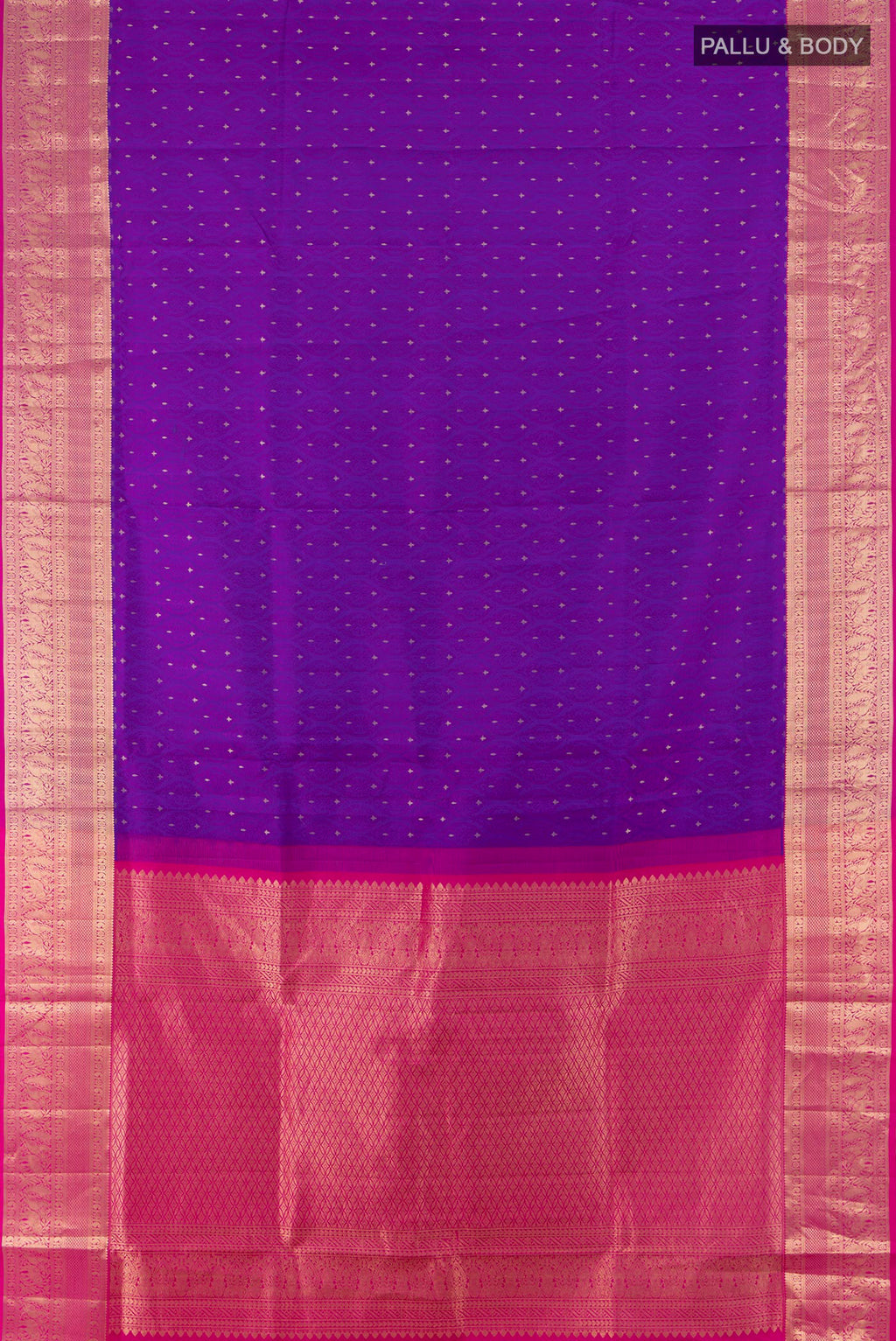 Flat view of Pure Silk Purple Soft Saree with Jacquard With Zari Butta on the body and Zari Border. 