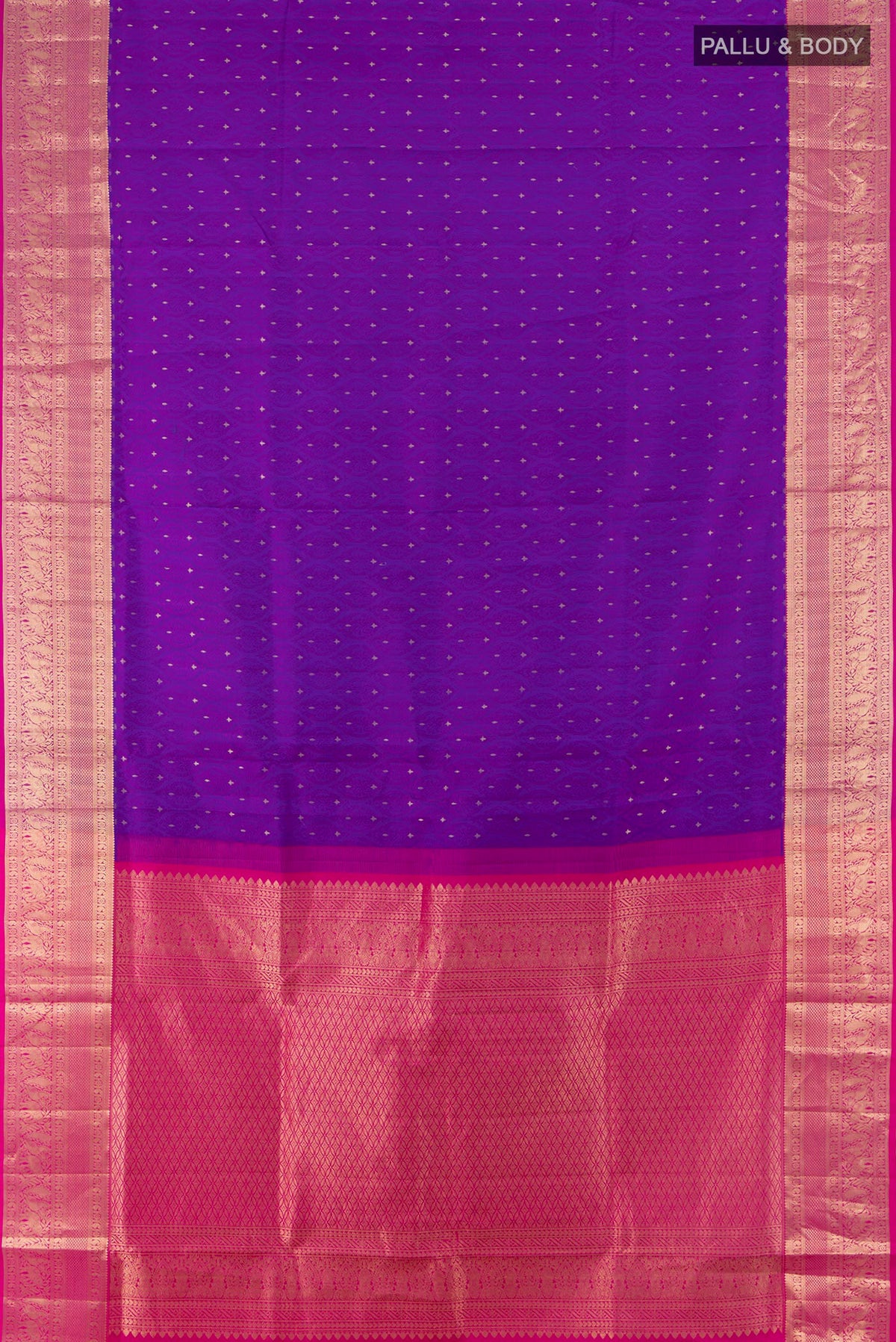 Flat view of Pure Silk Purple Soft Saree with Jacquard With Zari Butta on the body and Zari Border. 