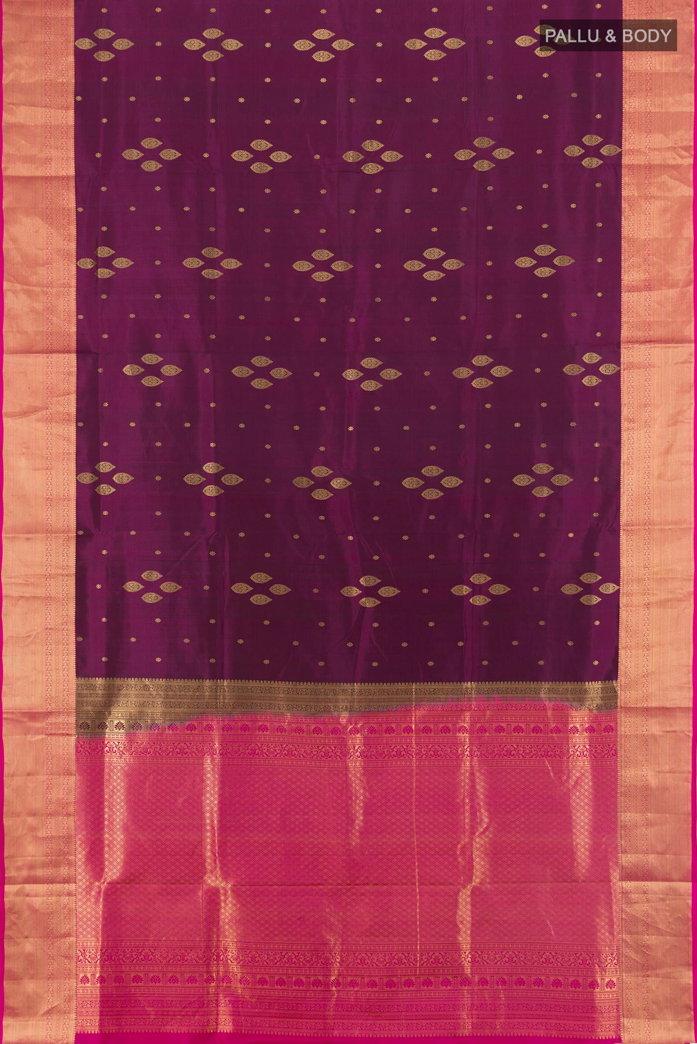 Flat view of Purple Soft Silk Saree with Zari Butta on the body and Zari Border. 