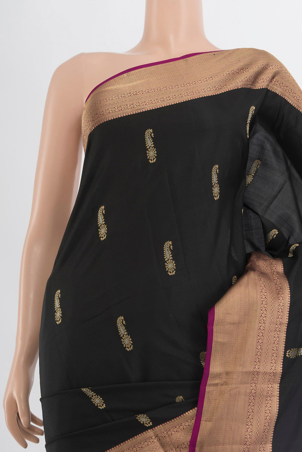 Border image of Black Soft Silk Saree with Zari Butta on the body and Silk Border. 