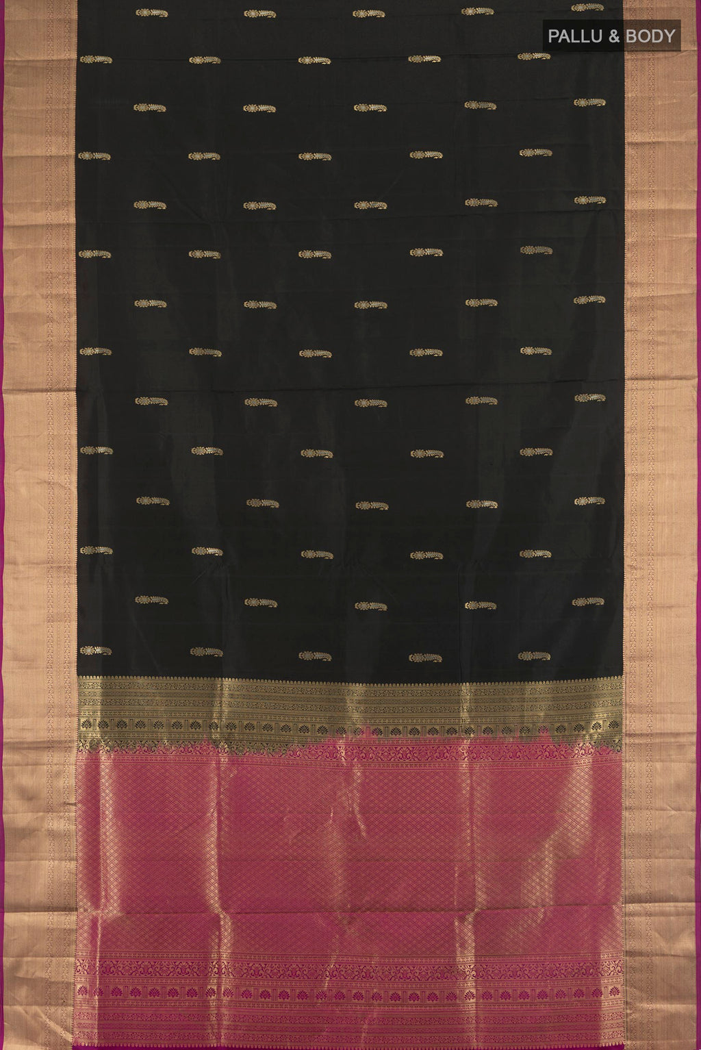Flat view of Black Soft Silk Saree with Zari Butta on the body and Silk Border. 