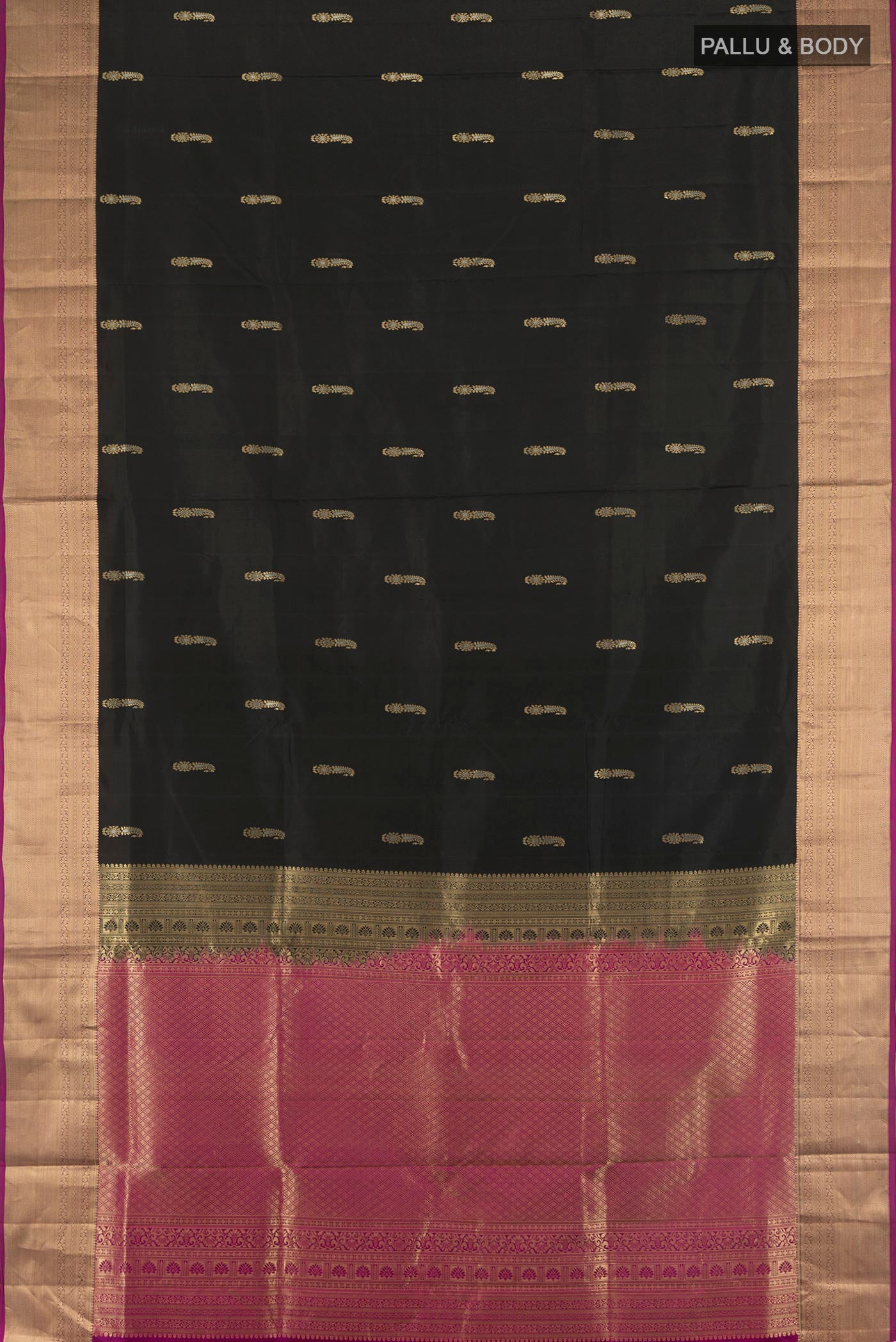 Flat view of Black Soft Silk Saree with Zari Butta on the body and Silk Border. 