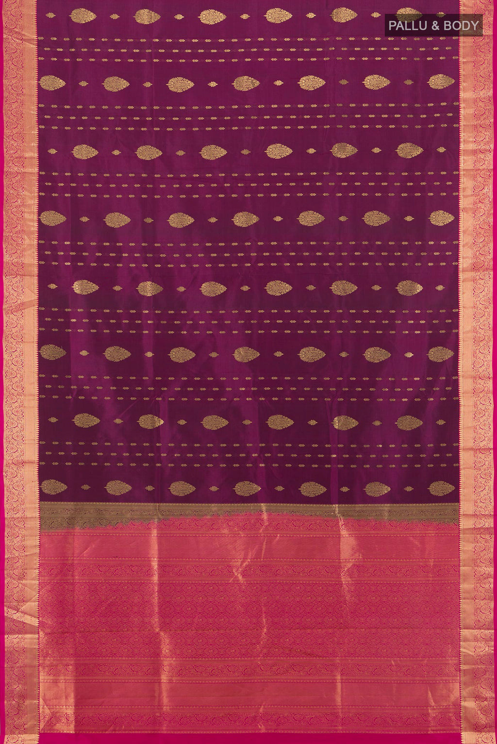 Flat view of Purple Soft Silk Saree with Zari Butta on the body and Zari Border. 