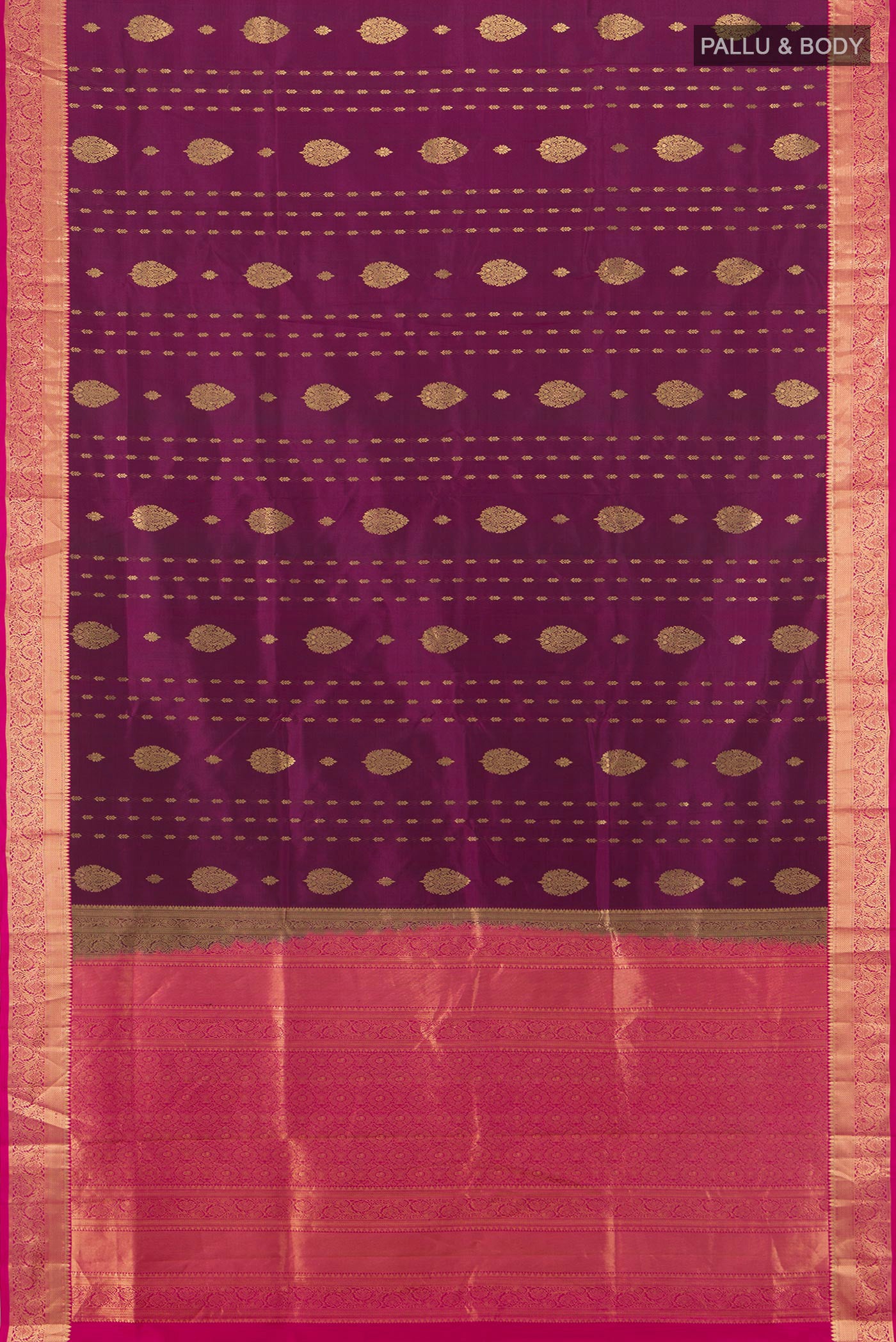 Flat view of Purple Soft Silk Saree with Zari Butta on the body and Zari Border. 