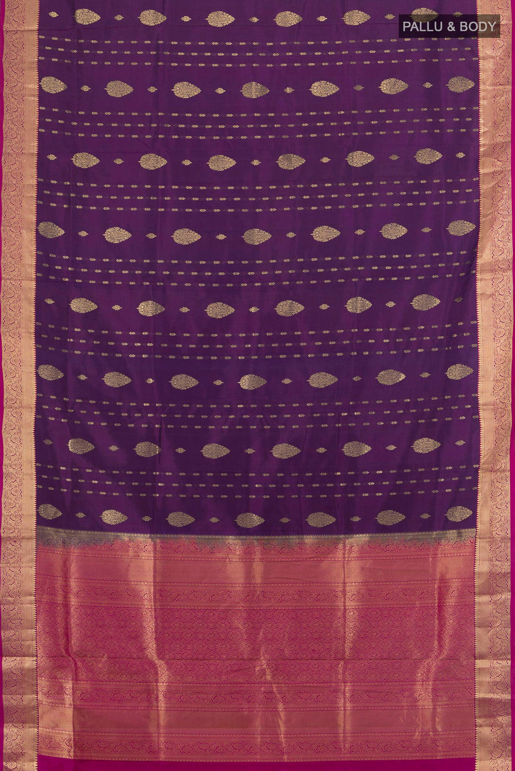 Flat view of Pure Silk Purple Soft Saree with Zari Butta on the body and Zari Border. 