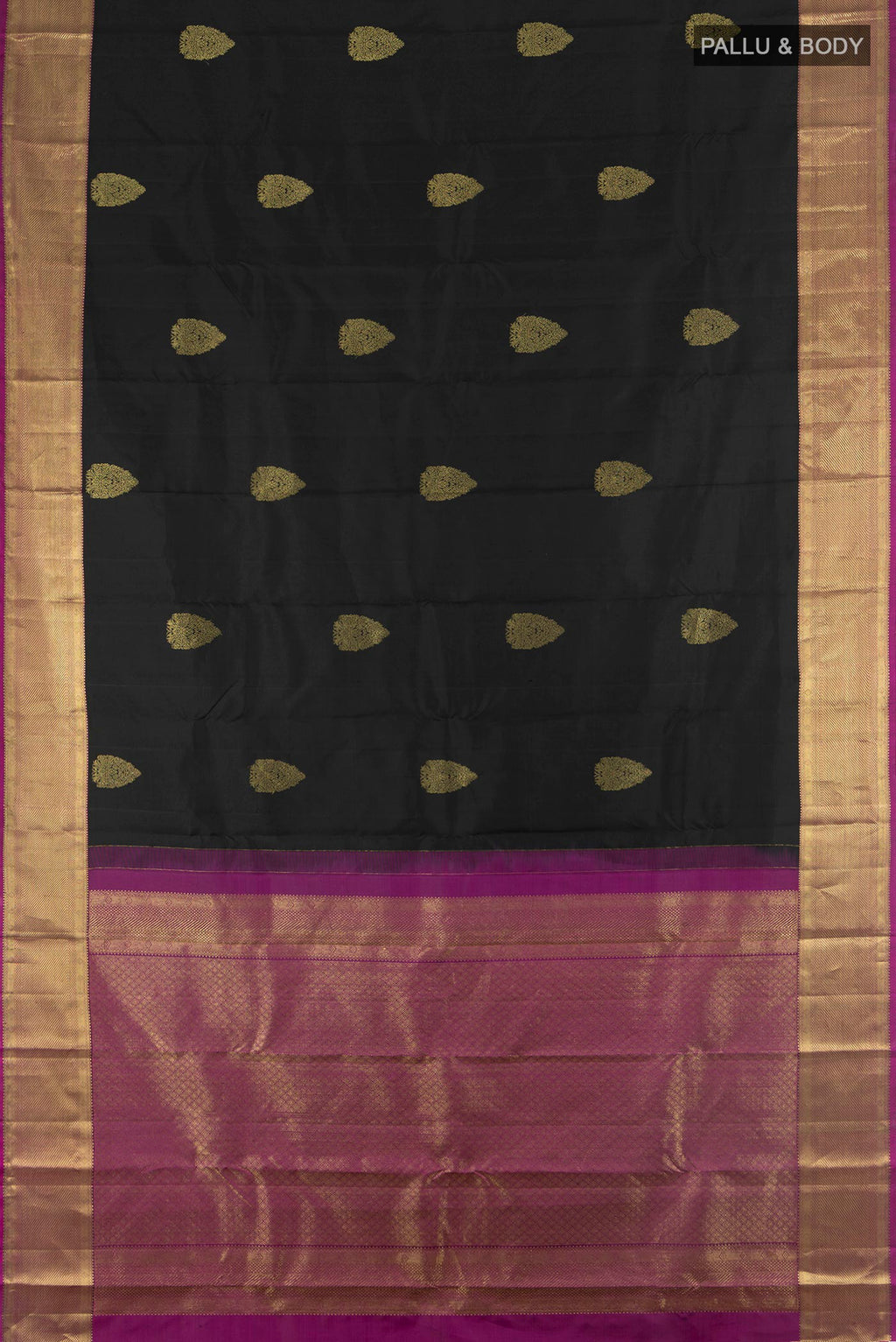 Flat view of Pure Silk Black Kanchipuram Saree with Zari Butta on the body and Zari Border. 