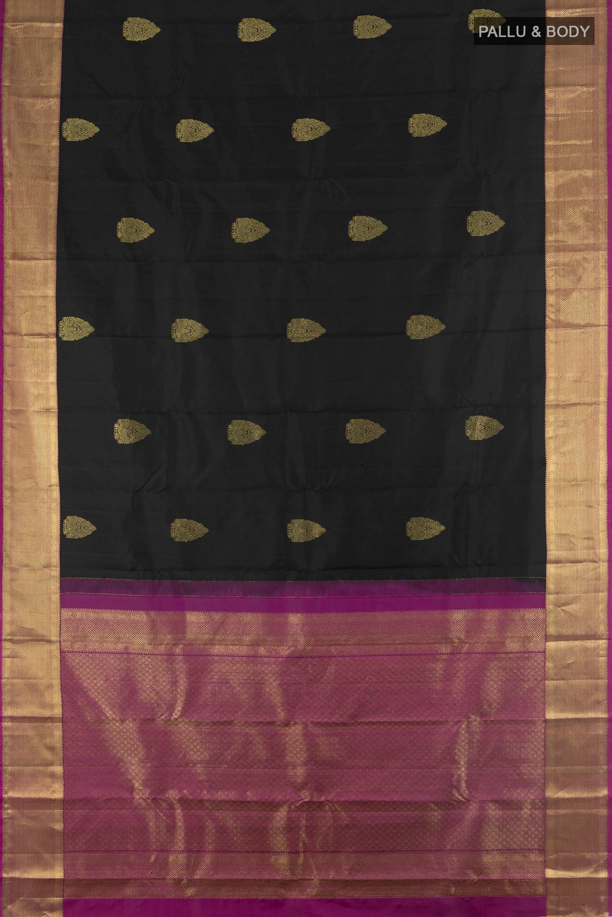 Flat view of Pure Silk Black Kanchipuram Saree with Zari Butta on the body and Zari Border. 