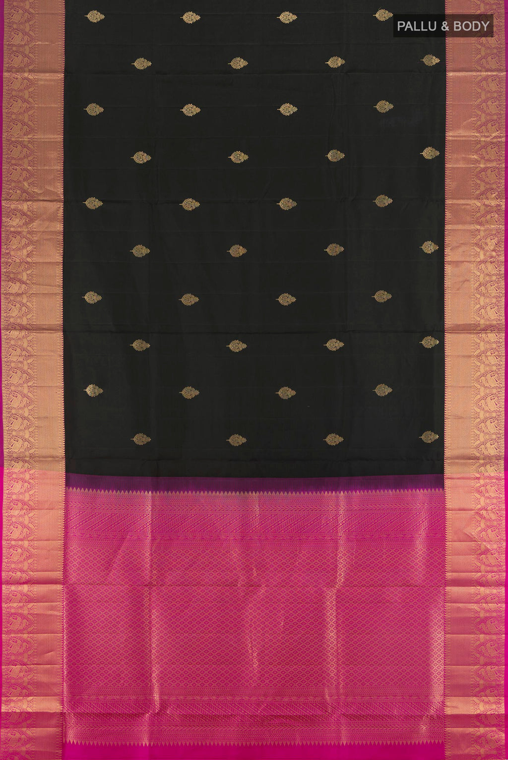 Flat view of Black Soft Silk Saree with Zari Butta on the body and Zari Border. 