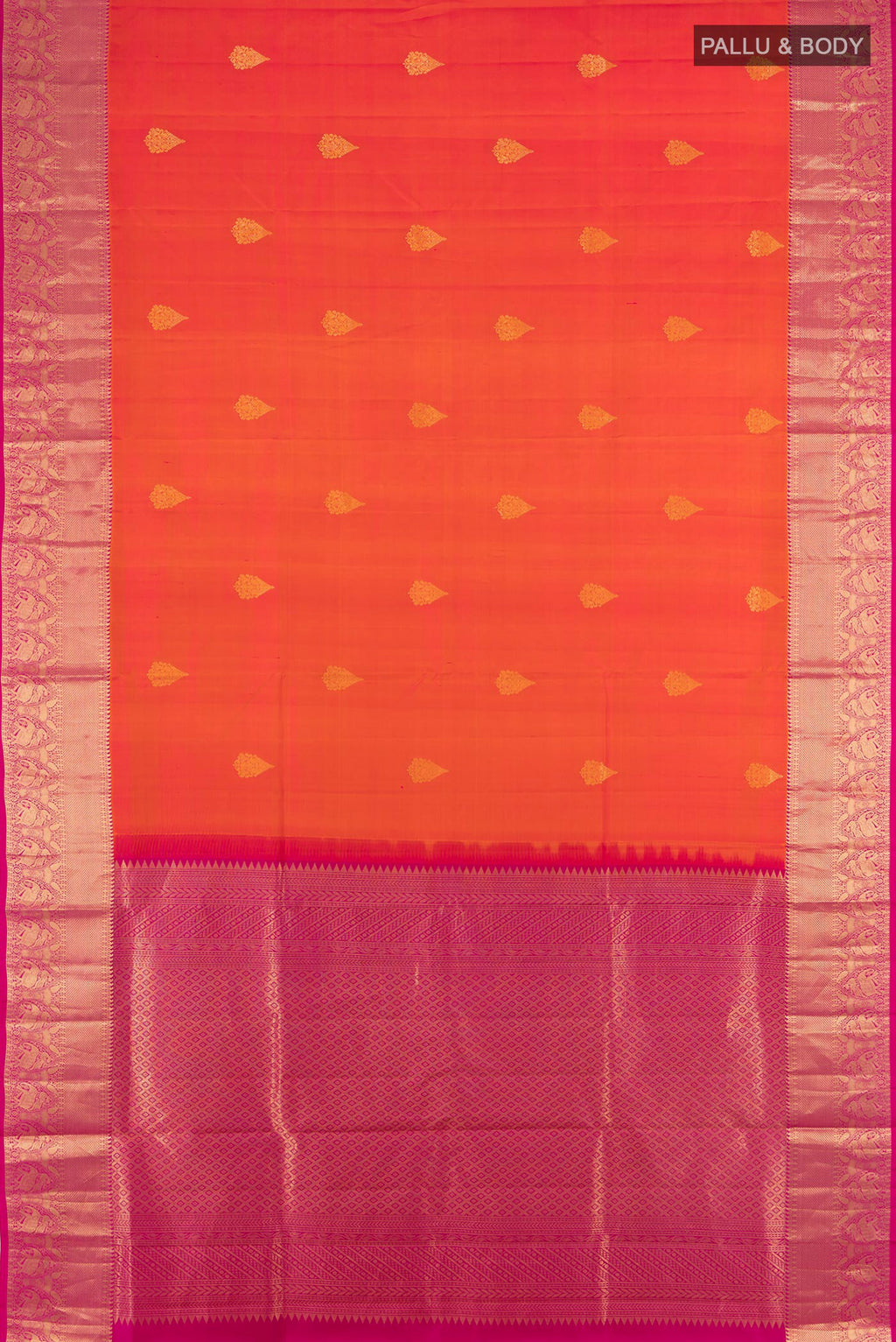 Flat view of Peach Soft Silk Saree with Zari Butta on the body and Silk Border. 
