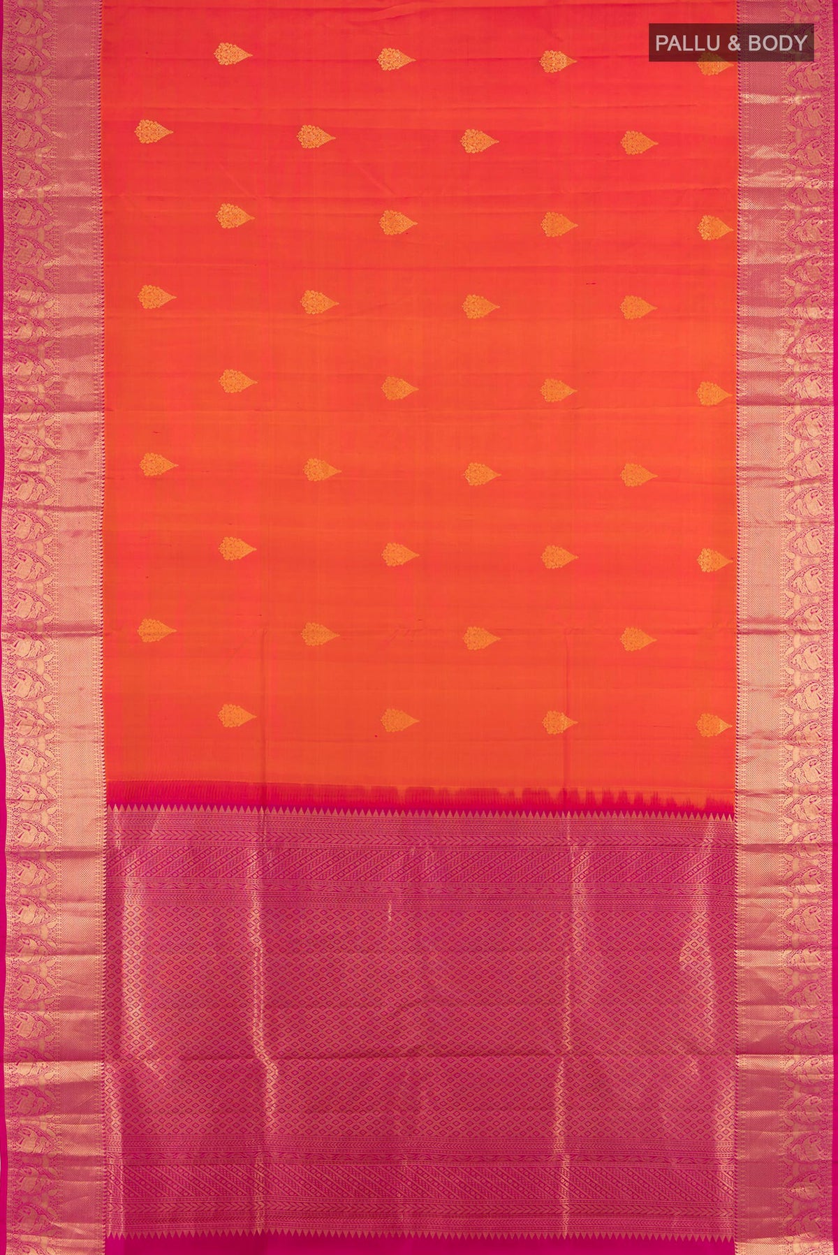 Flat view of Peach Soft Silk Saree with Zari Butta on the body and Silk Border. 