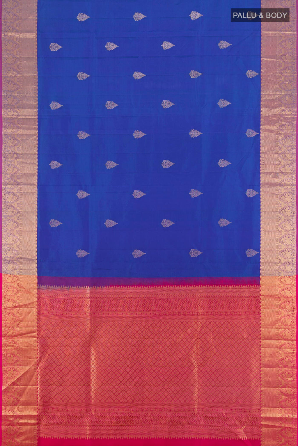 Flat view of Royal Blue Soft Silk Saree with Zari Butta on the body and Zari Border. 