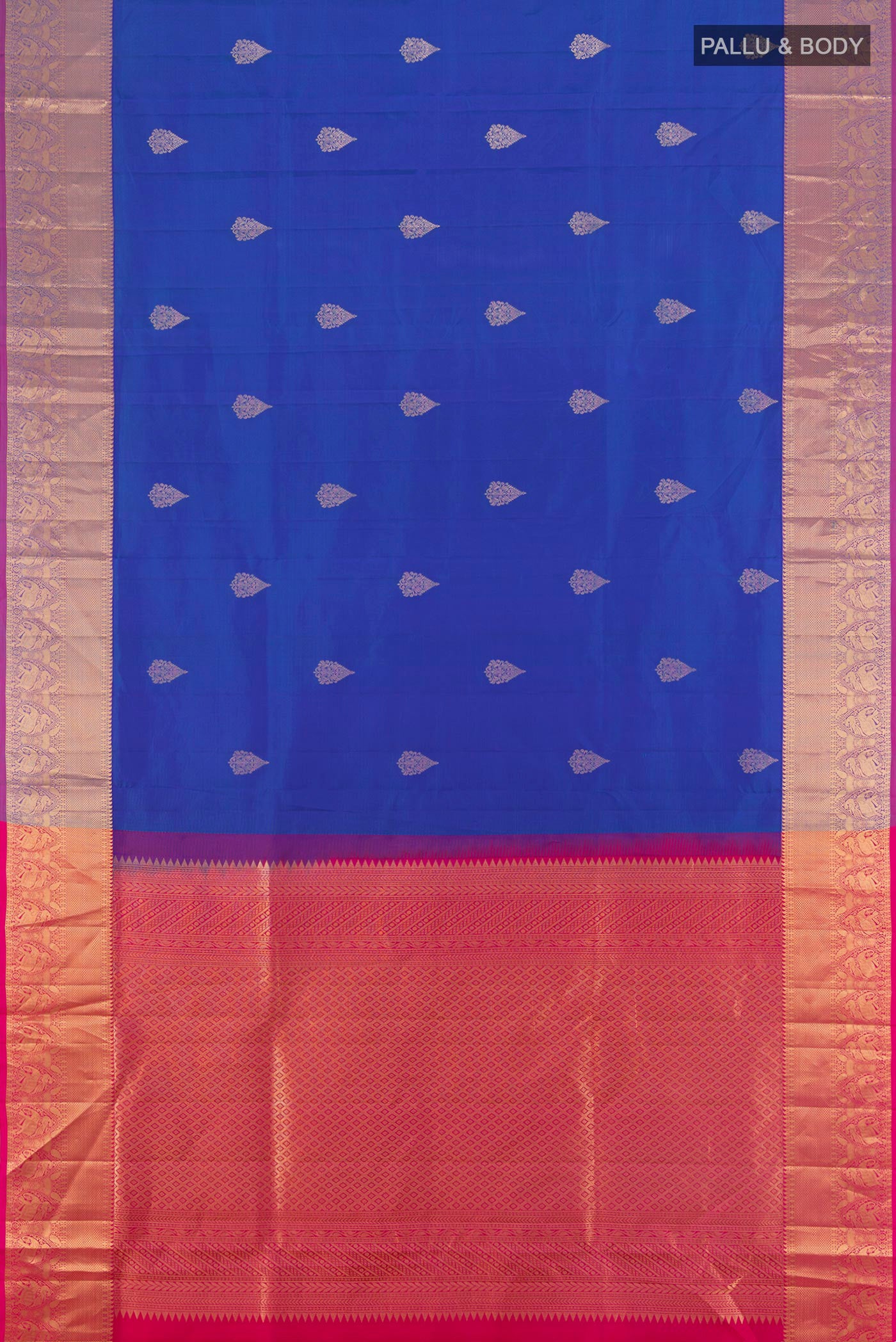 Flat view of Royal Blue Soft Silk Saree with Zari Butta on the body and Zari Border. 