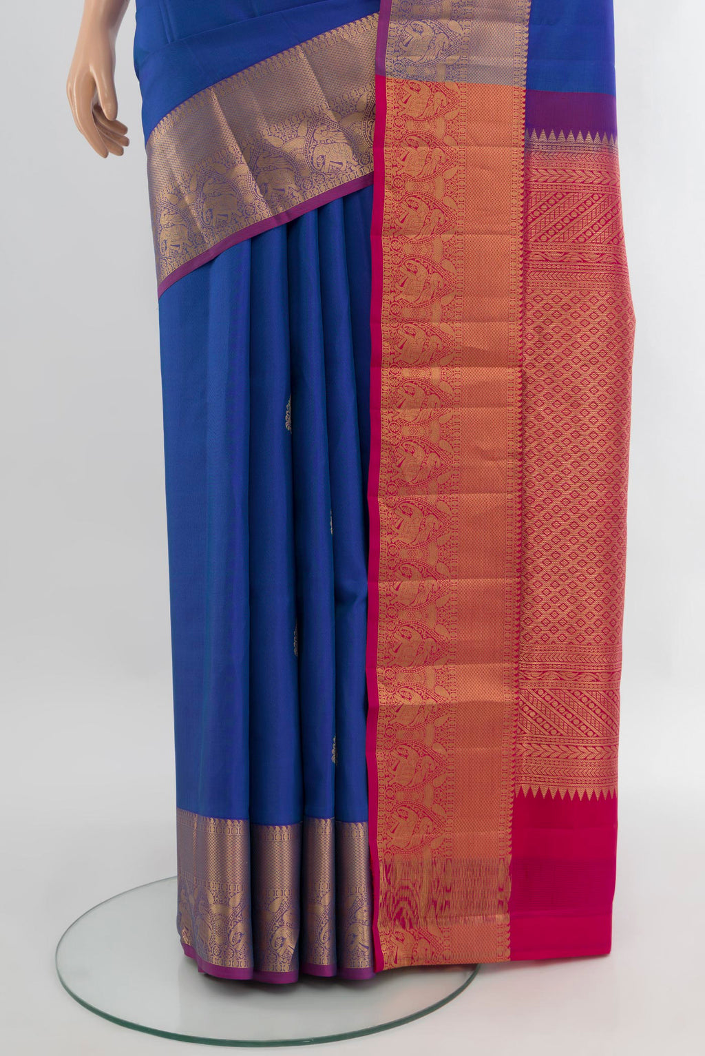 Pleats and pallu of Royal Blue Soft Silk Saree with Zari Butta on the body and Zari Border. 