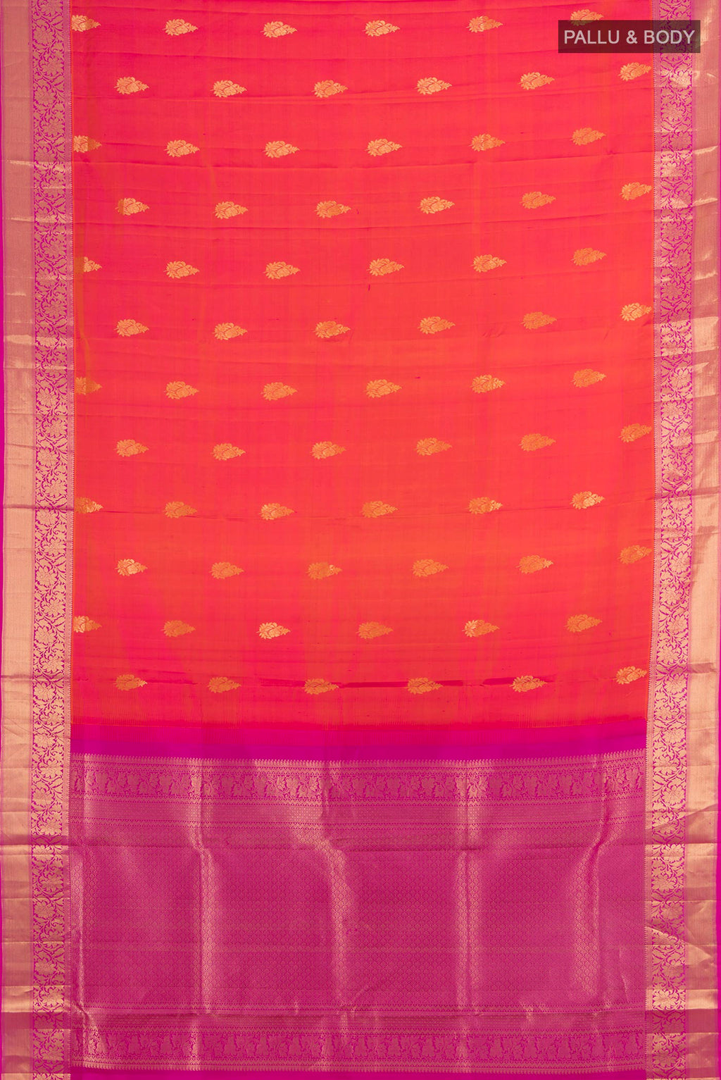 Flat view of Pure Silk Brick Orange Dual Tone Soft Saree with Zari Butta on the body and Zari Border. 