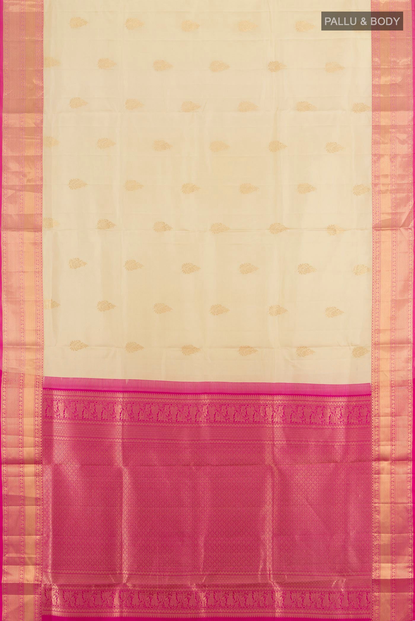 Flat view of Cream Soft Silk Saree with Zari Butta on the body and Zari Border. 