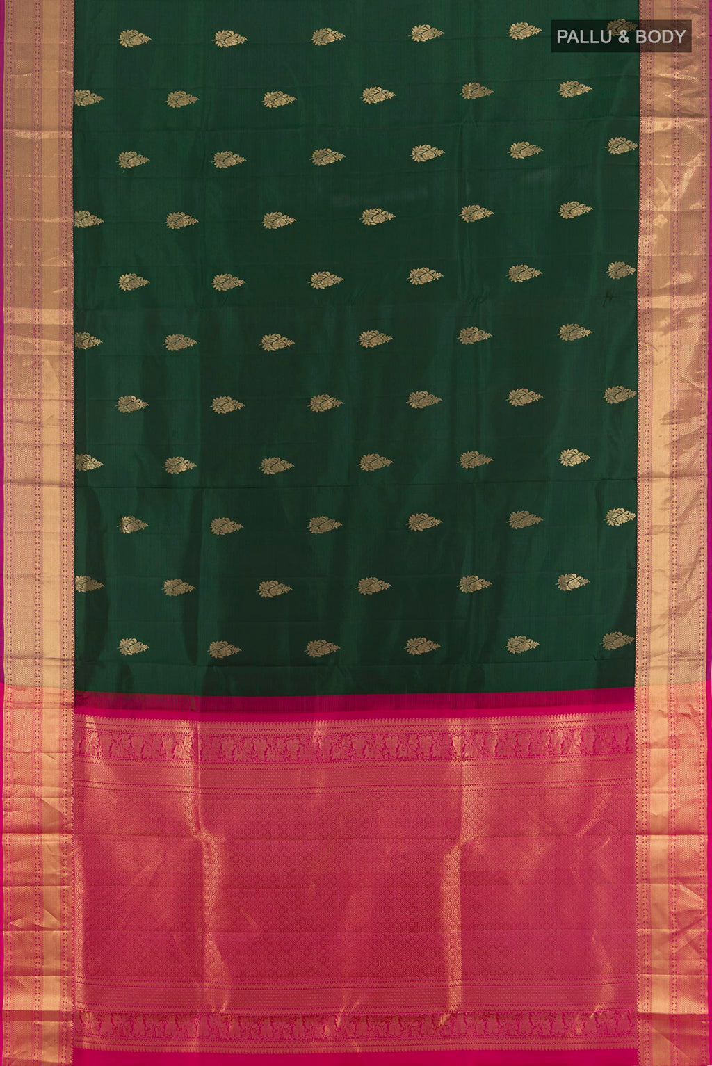 Flat view of Bottle Green Soft Silk Saree with Zari Butta on the body and Zari Border. 