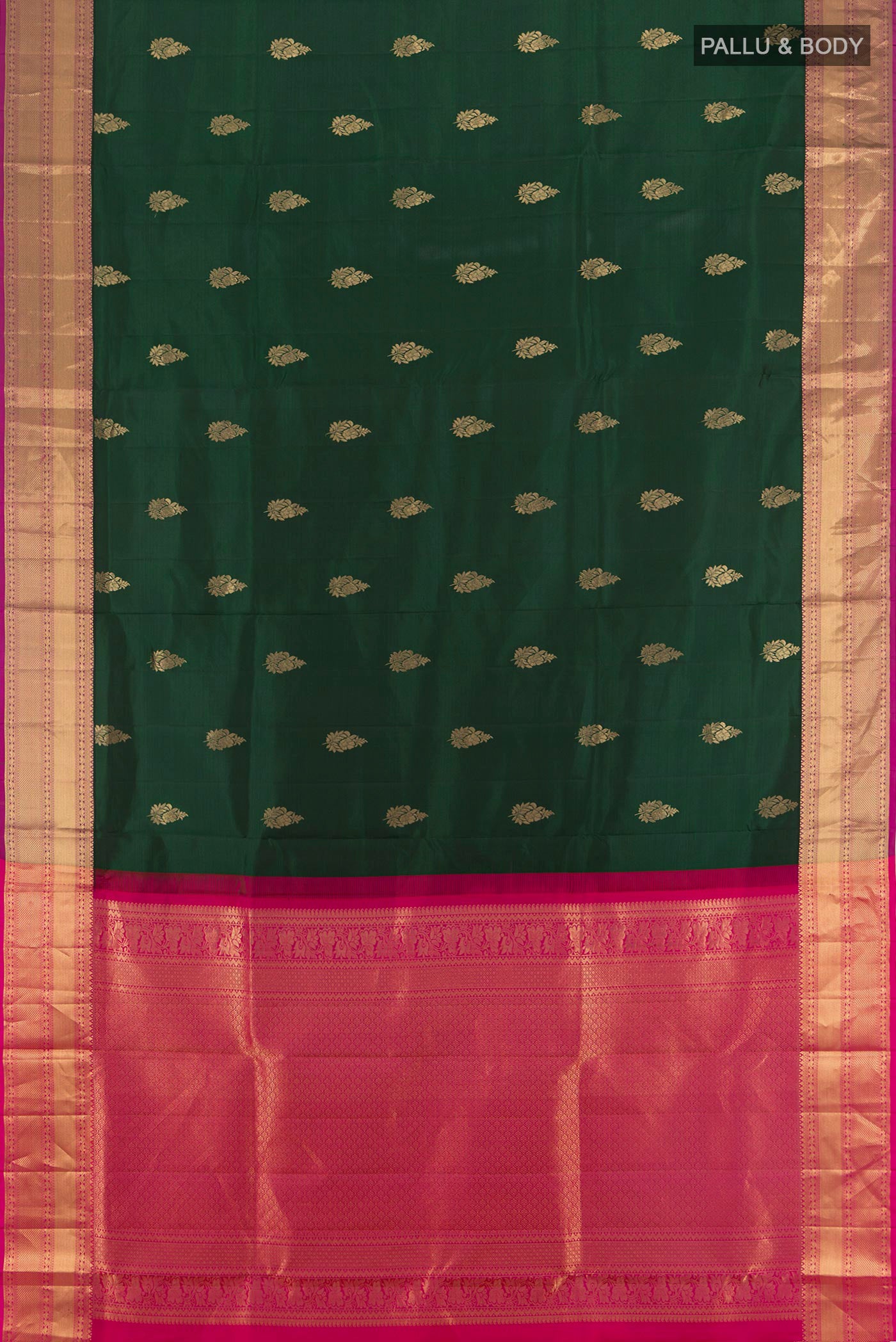 Flat view of Bottle Green Soft Silk Saree with Zari Butta on the body and Zari Border. 