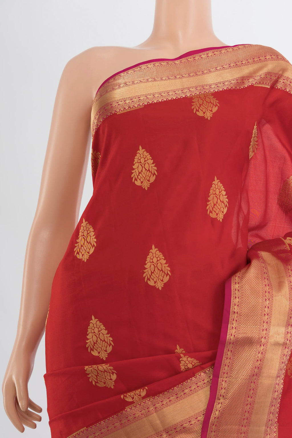 Border image of Red Soft Silk Saree with Zari Butta on the body and Silk Border. 