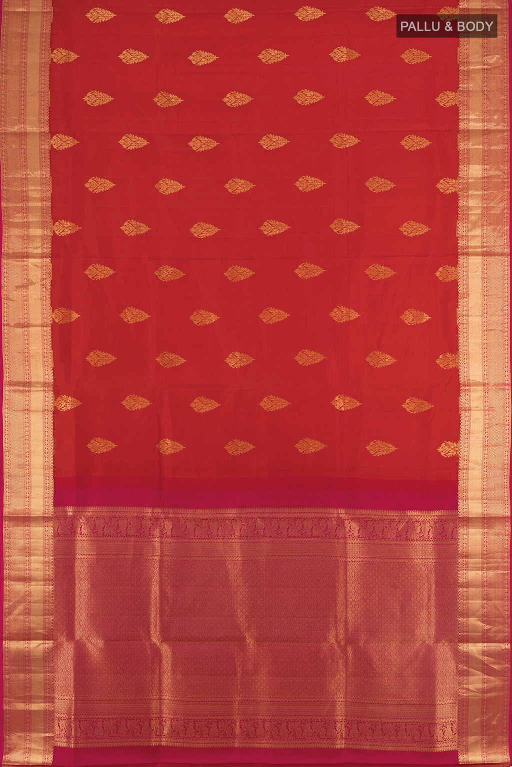 Flat view of Red Soft Silk Saree with Zari Butta on the body and Silk Border. 