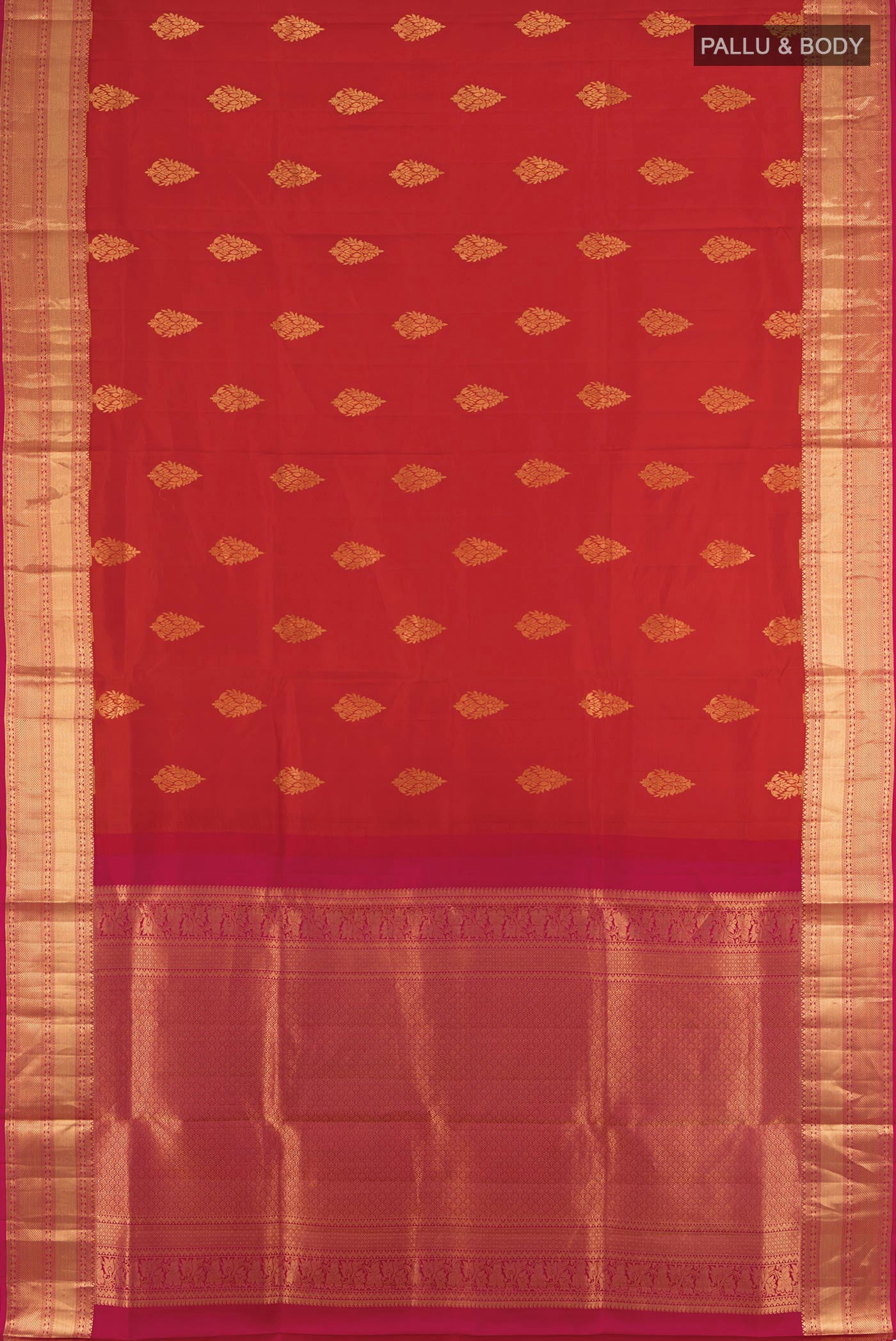 Flat view of Red Soft Silk Saree with Zari Butta on the body and Silk Border. 